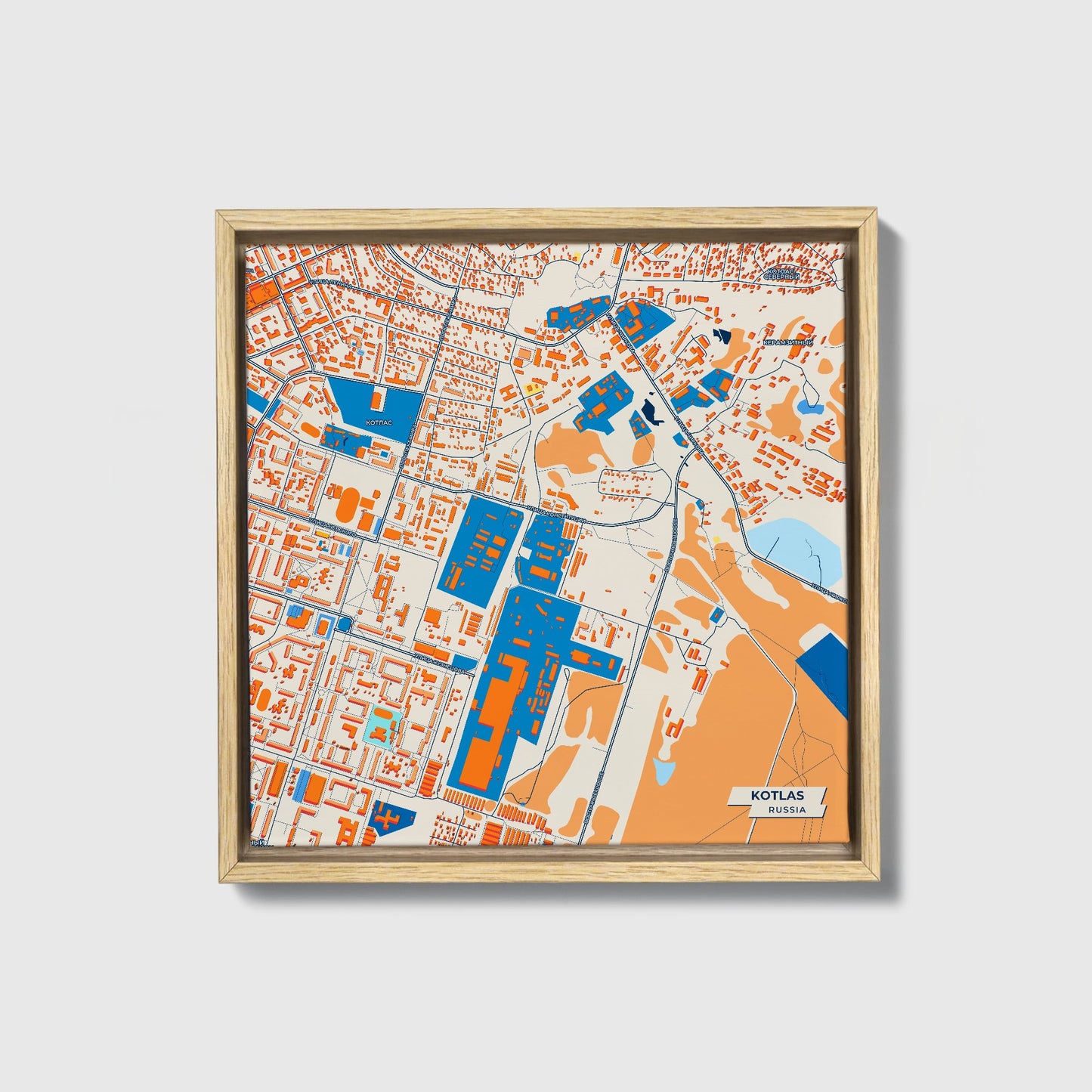 Котлас Russia Colorful City Map Canvas Print • Natural Wooden Framed