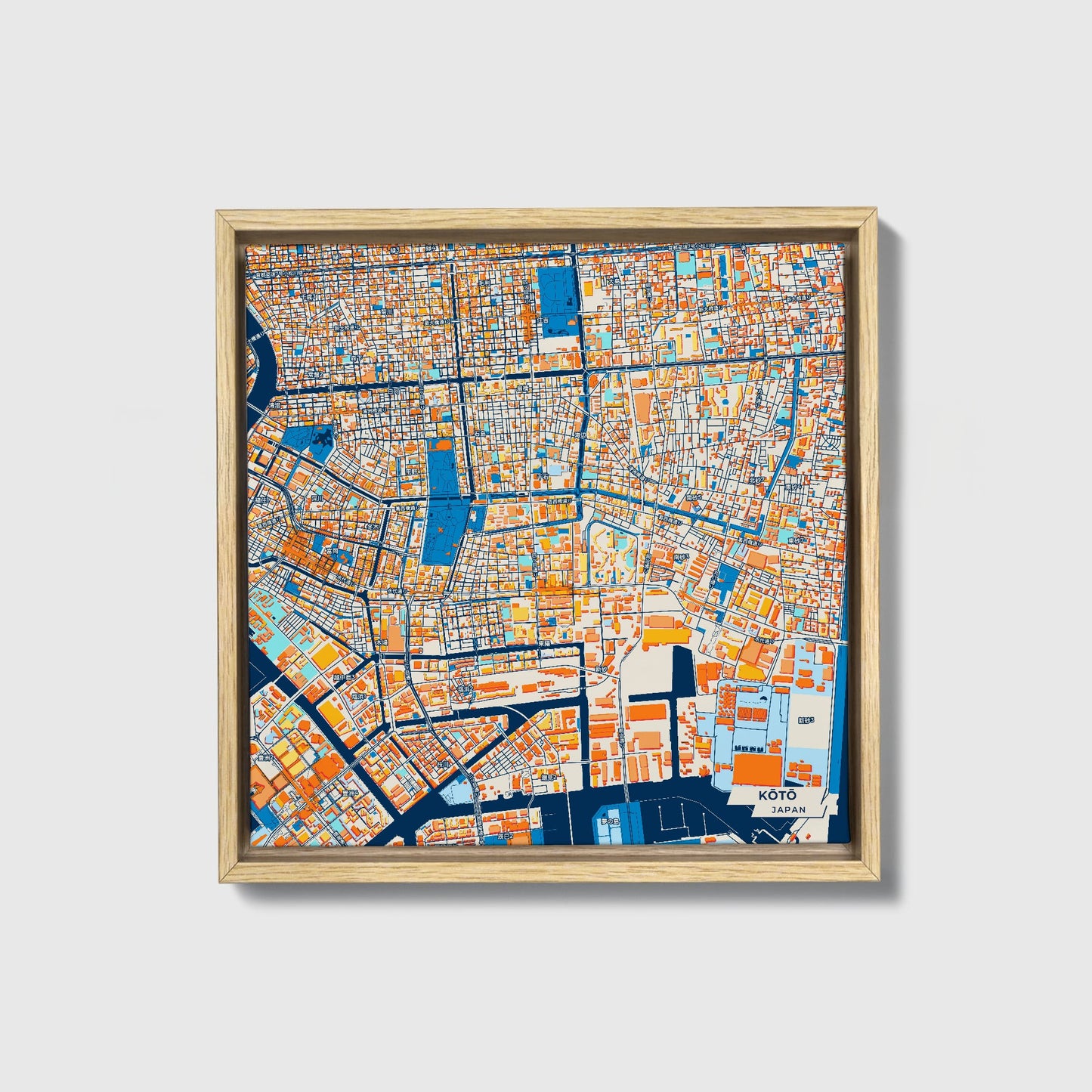 Kōtō Japan Colorful City Map Canvas Print • Natural Wooden Framed