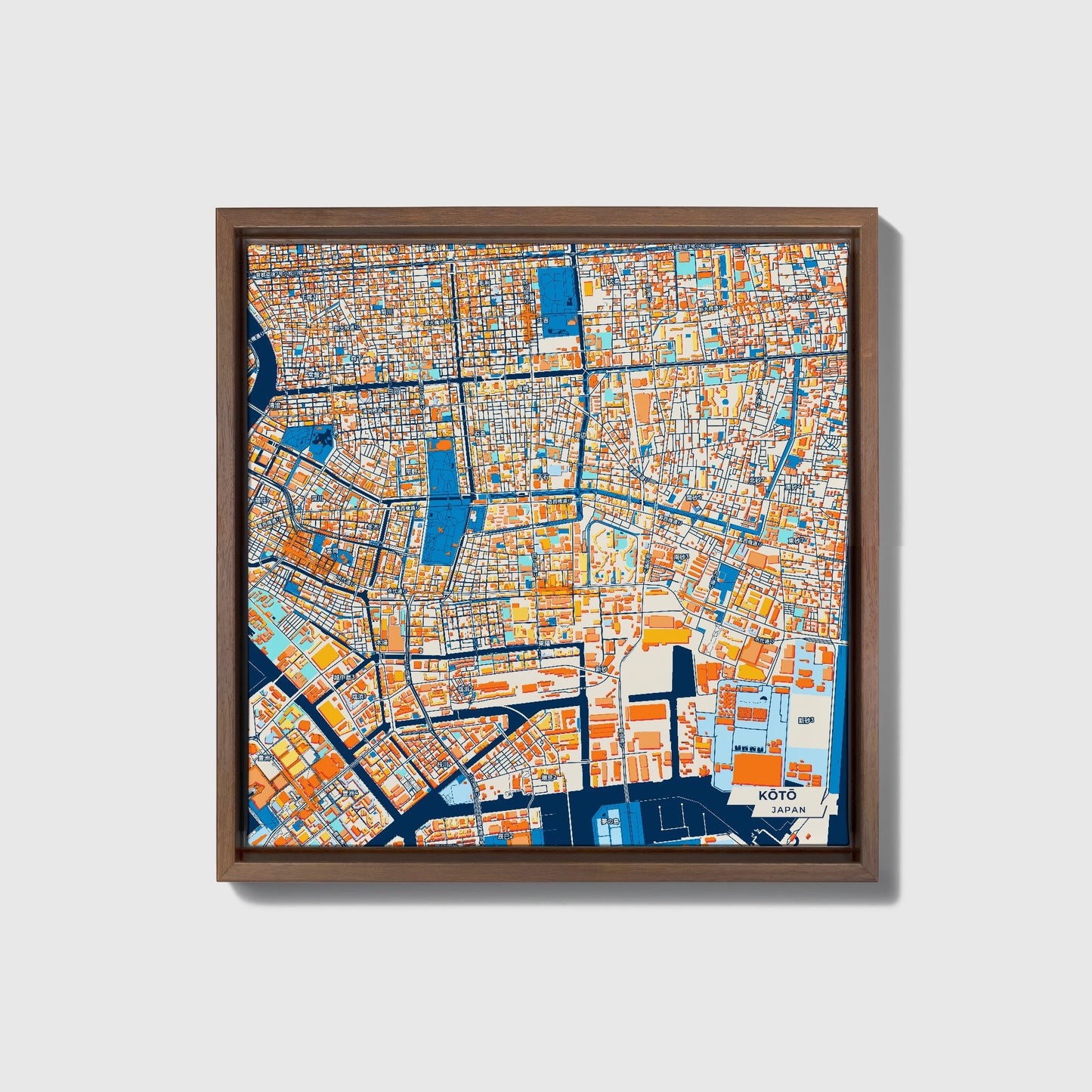 Kōtō Japan Colorful City Map Canvas Print • Dark Wooden Framed