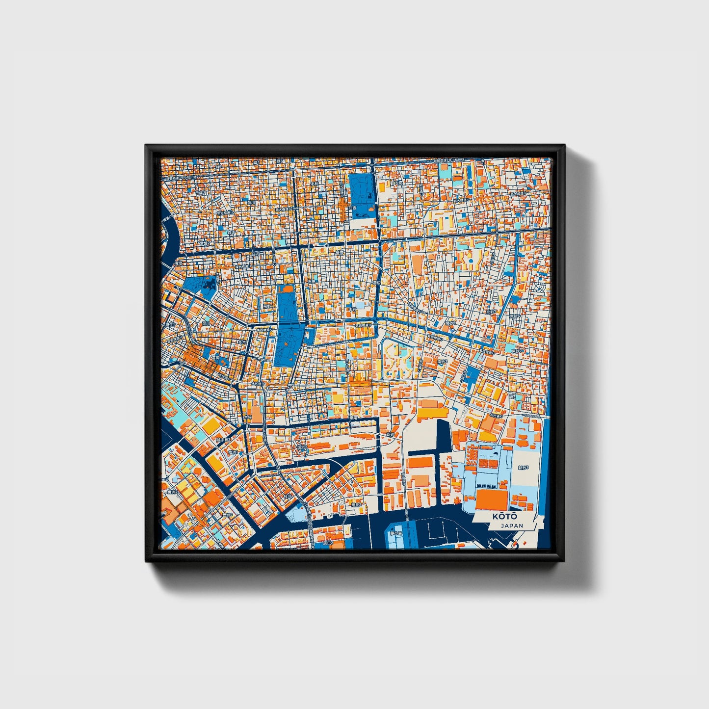 Kōtō Japan Colorful City Map Canvas Print • Black Framed