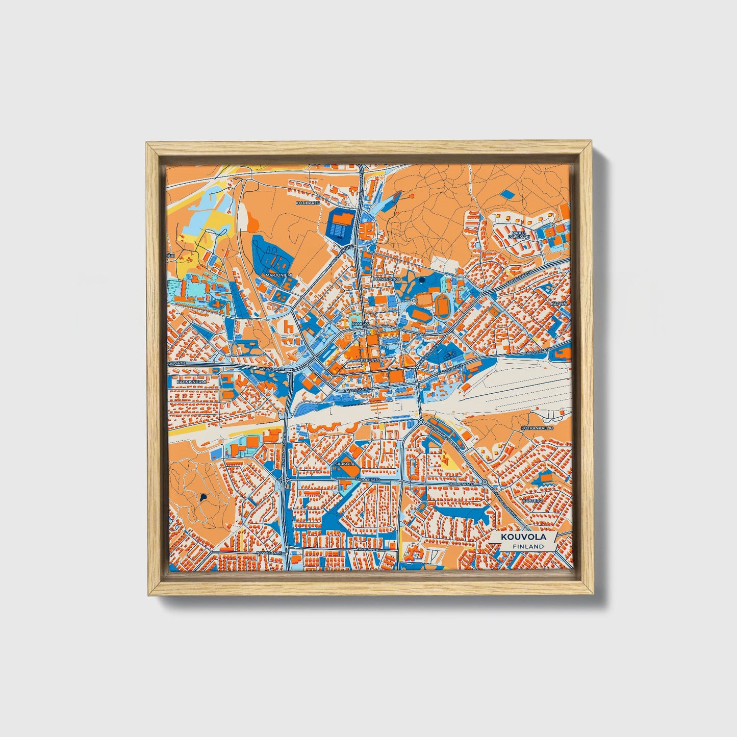 Kouvola Finland Colorful City Map Canvas Print • Natural Wooden Framed