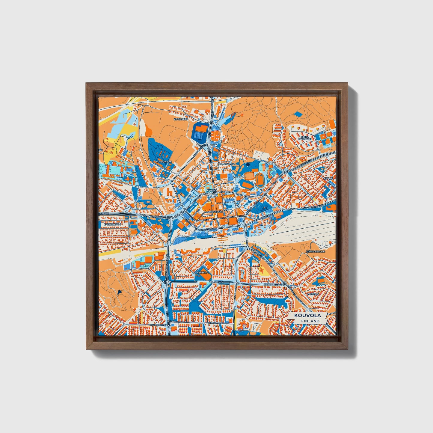 Kouvola Finland Colorful City Map Canvas Print • Dark Wooden Framed