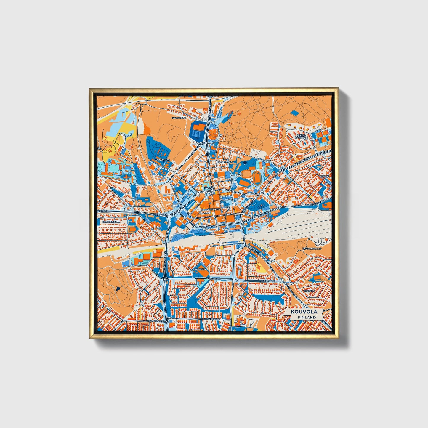 Kouvola Finland Colorful City Map Canvas Print • Gold Framed