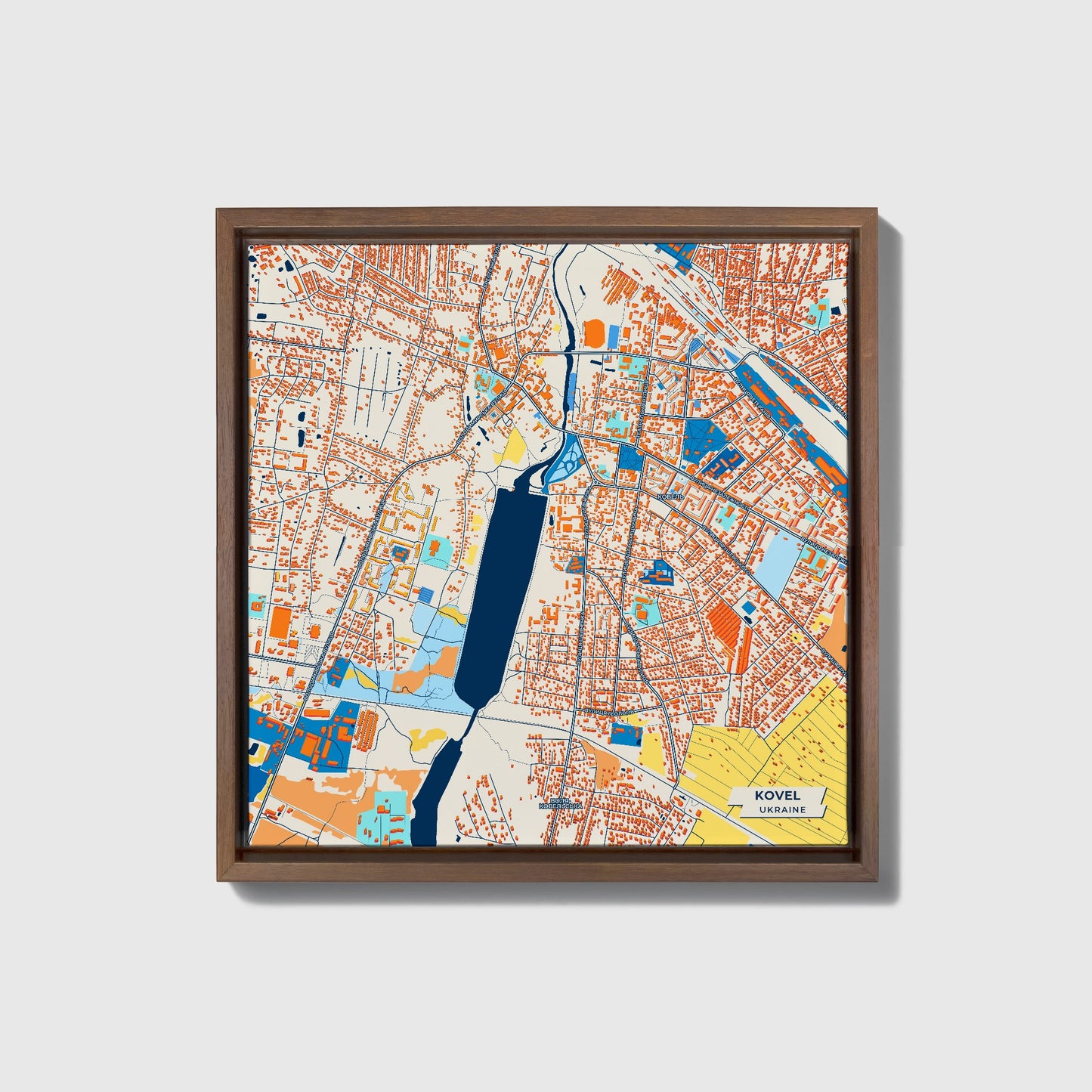 Ковель Ukraine Colorful City Map Canvas Print • Dark Wooden Framed