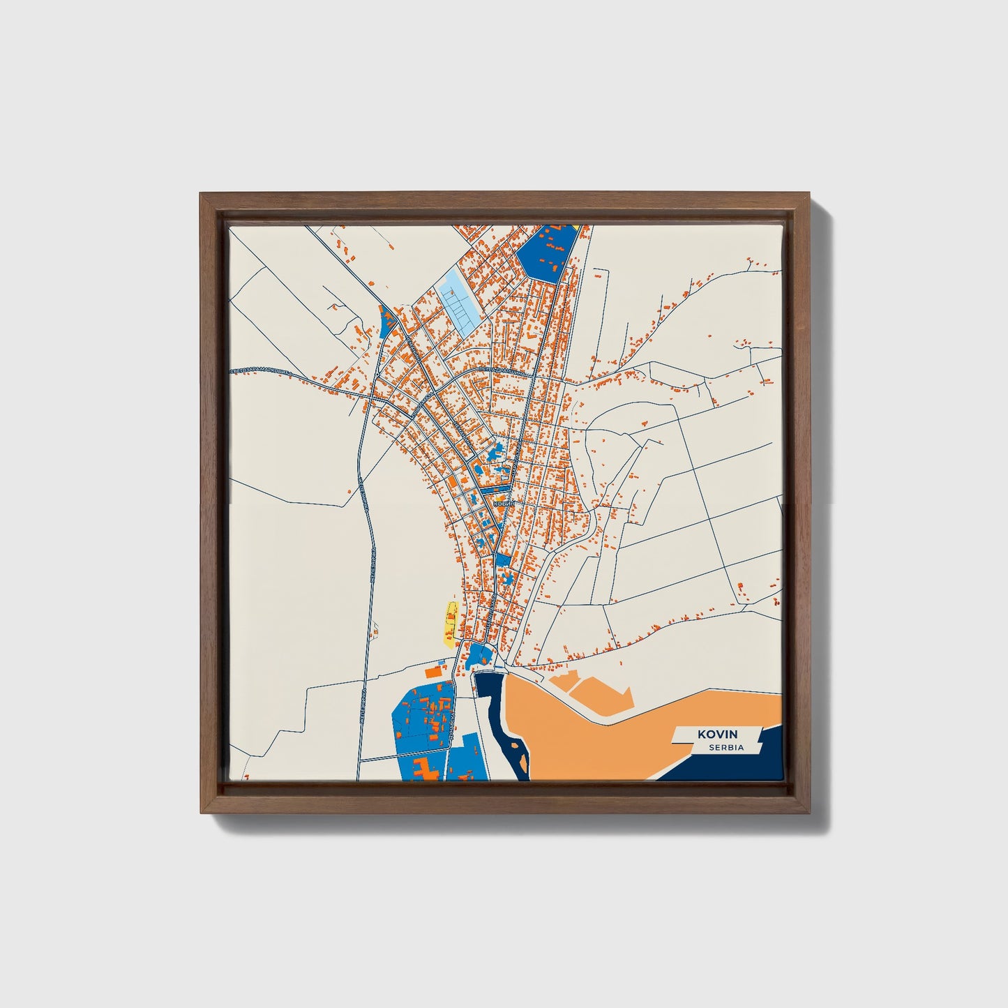 Ковин Serbia Colorful City Map Canvas Print • Dark Wooden Framed
