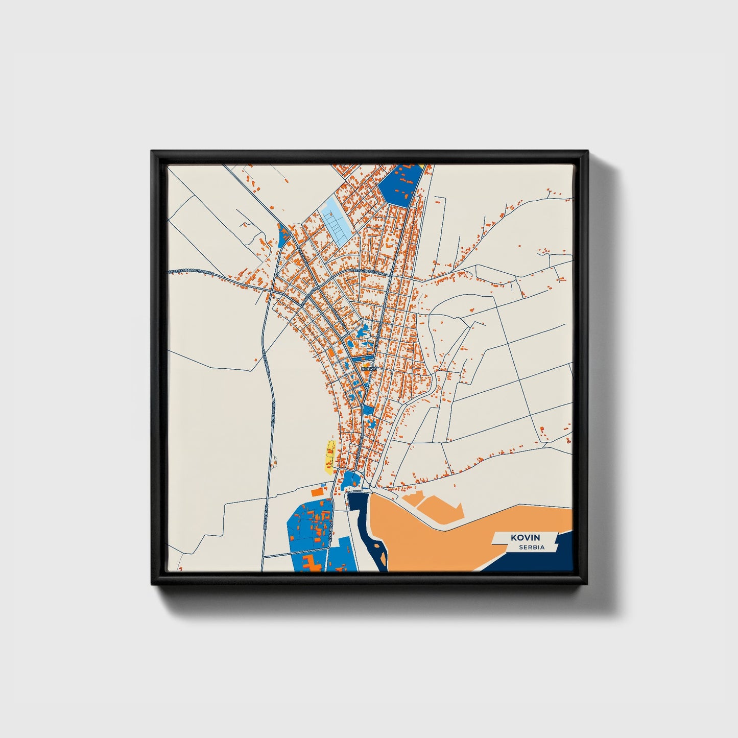 Ковин Serbia Colorful City Map Canvas Print • Black Framed