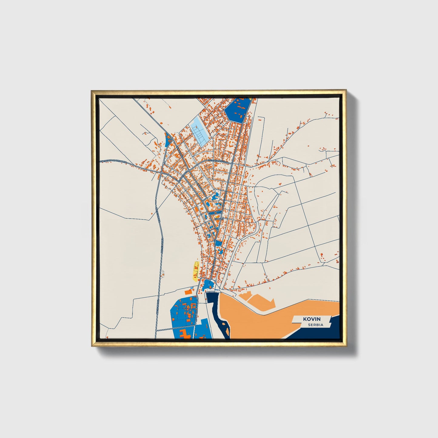 Ковин Serbia Colorful City Map Canvas Print • Gold Framed
