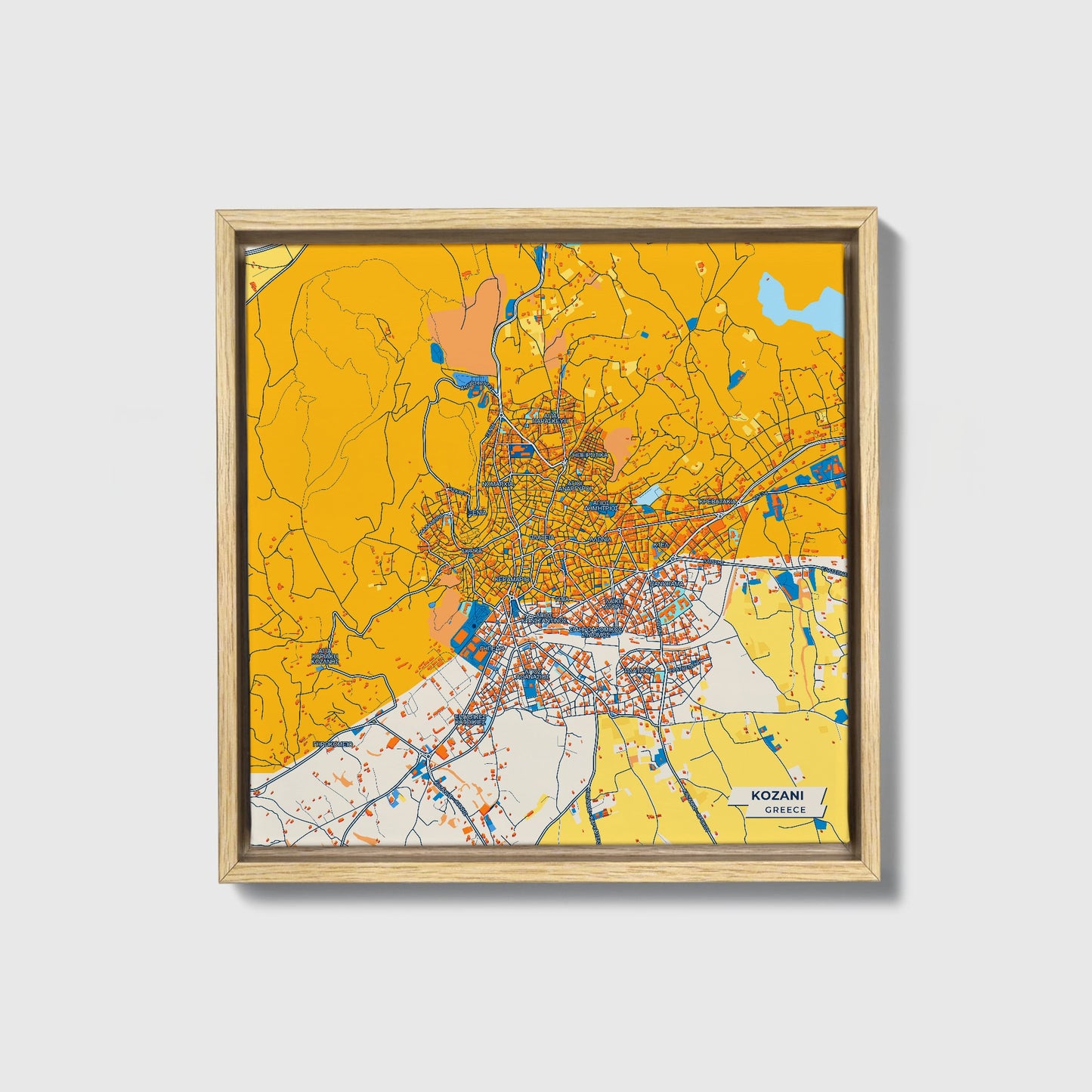 Κοζανη Greece Colorful City Map Canvas Print • Natural Wooden Framed