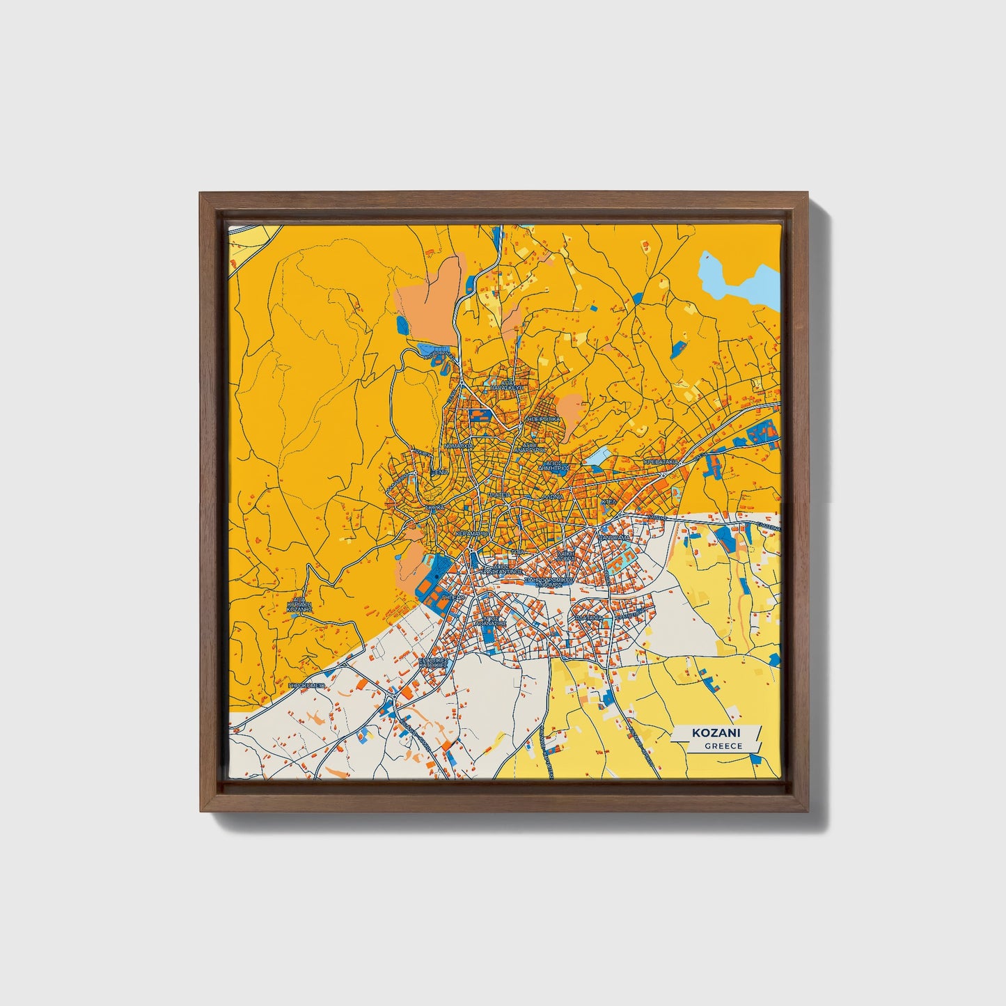 Κοζανη Greece Colorful City Map Canvas Print • Dark Wooden Framed