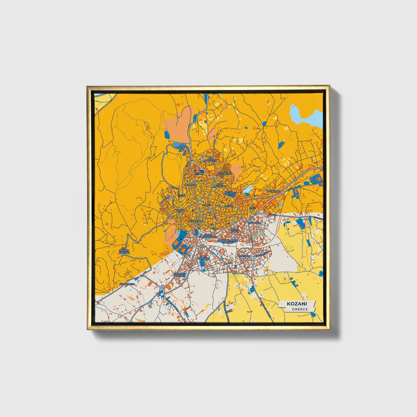 Κοζανη Greece Colorful City Map Canvas Print • Gold Framed