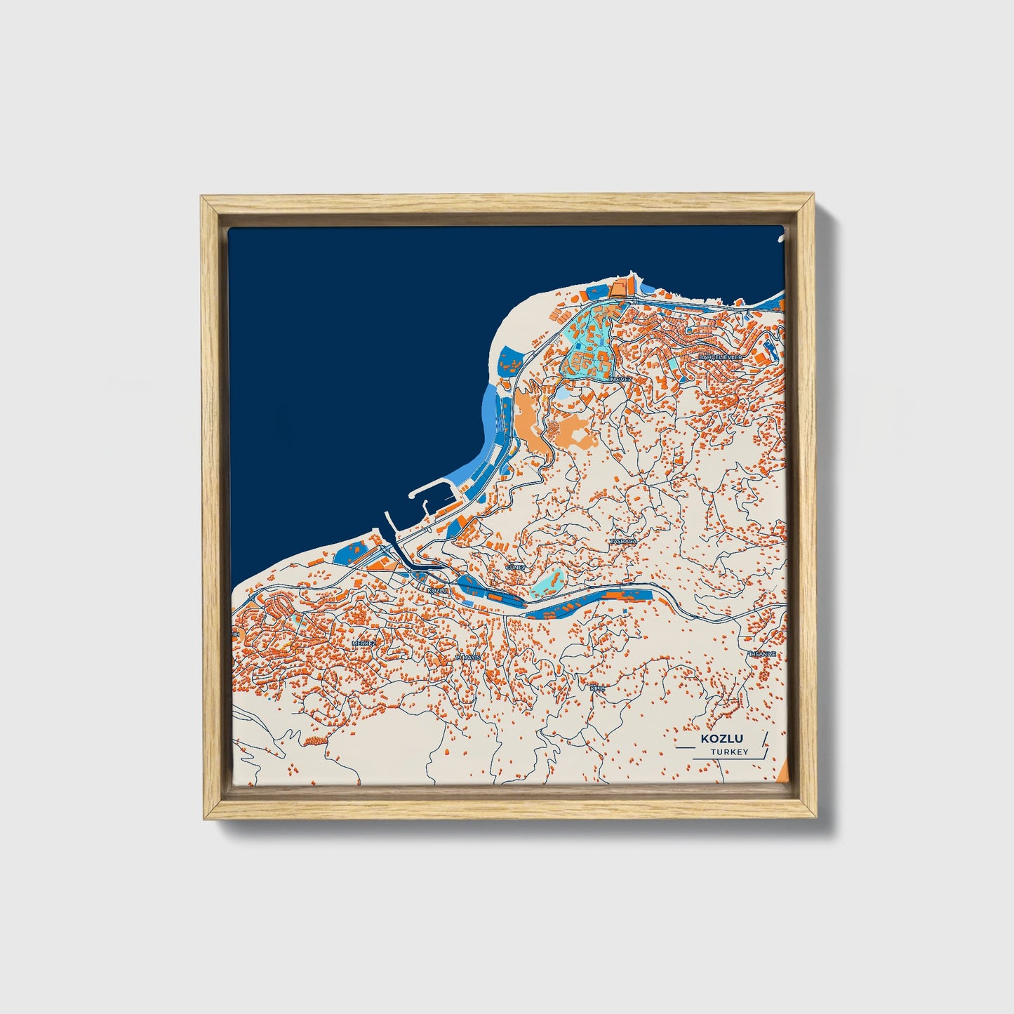 Kozlu Turkey Colorful City Map Canvas Print • Natural Wooden Framed