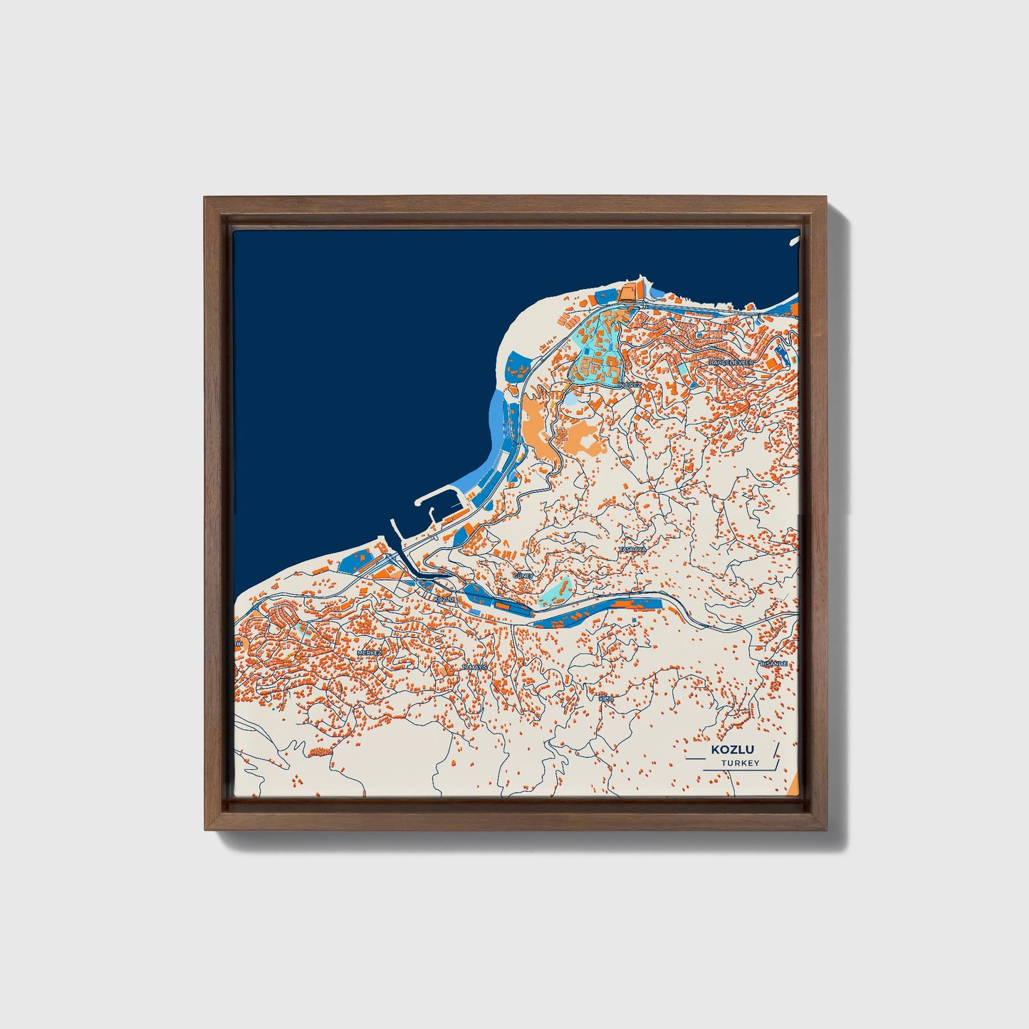 Kozlu Turkey Colorful City Map Canvas Print • Dark Wooden Framed