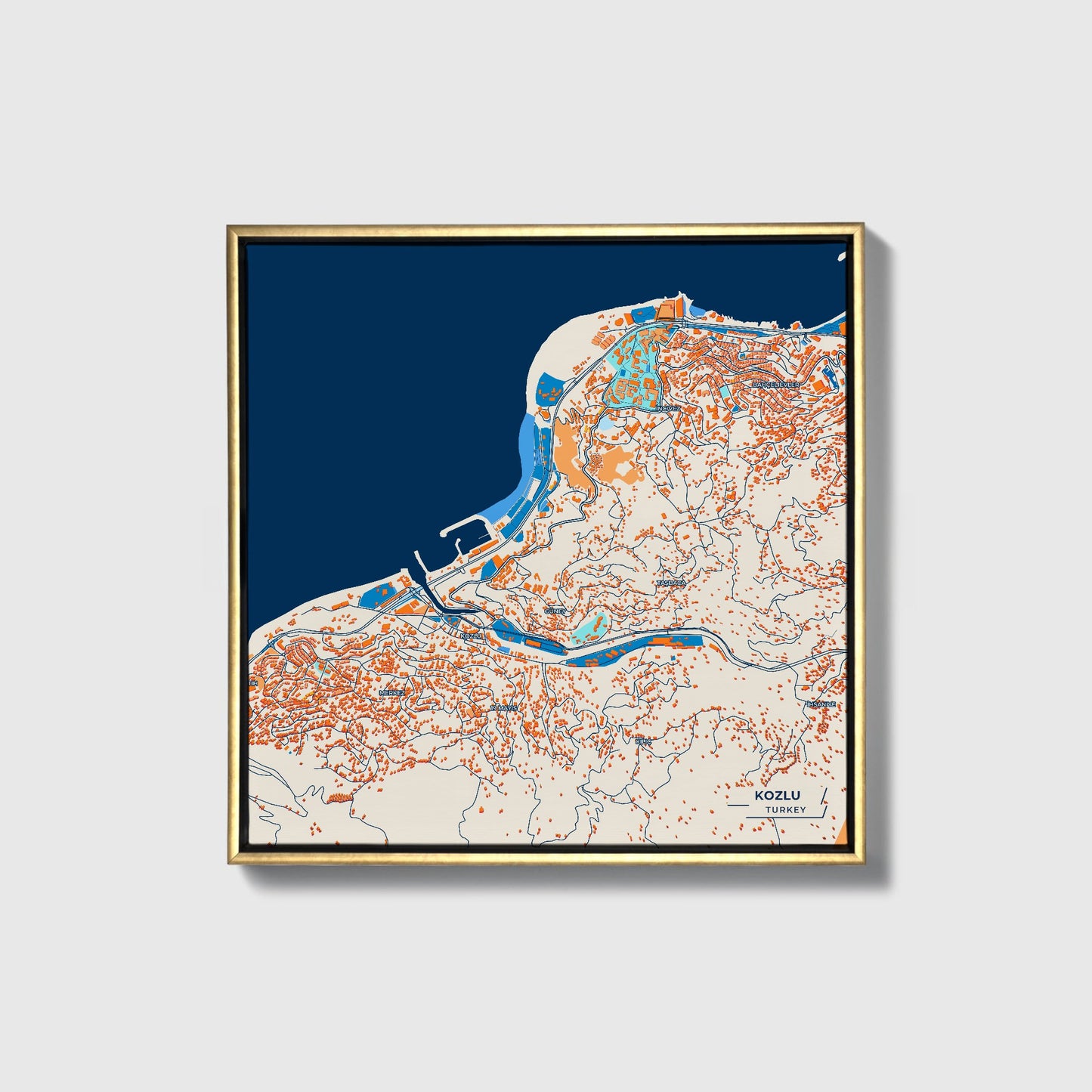 Kozlu Turkey Colorful City Map Canvas Print • Gold Framed