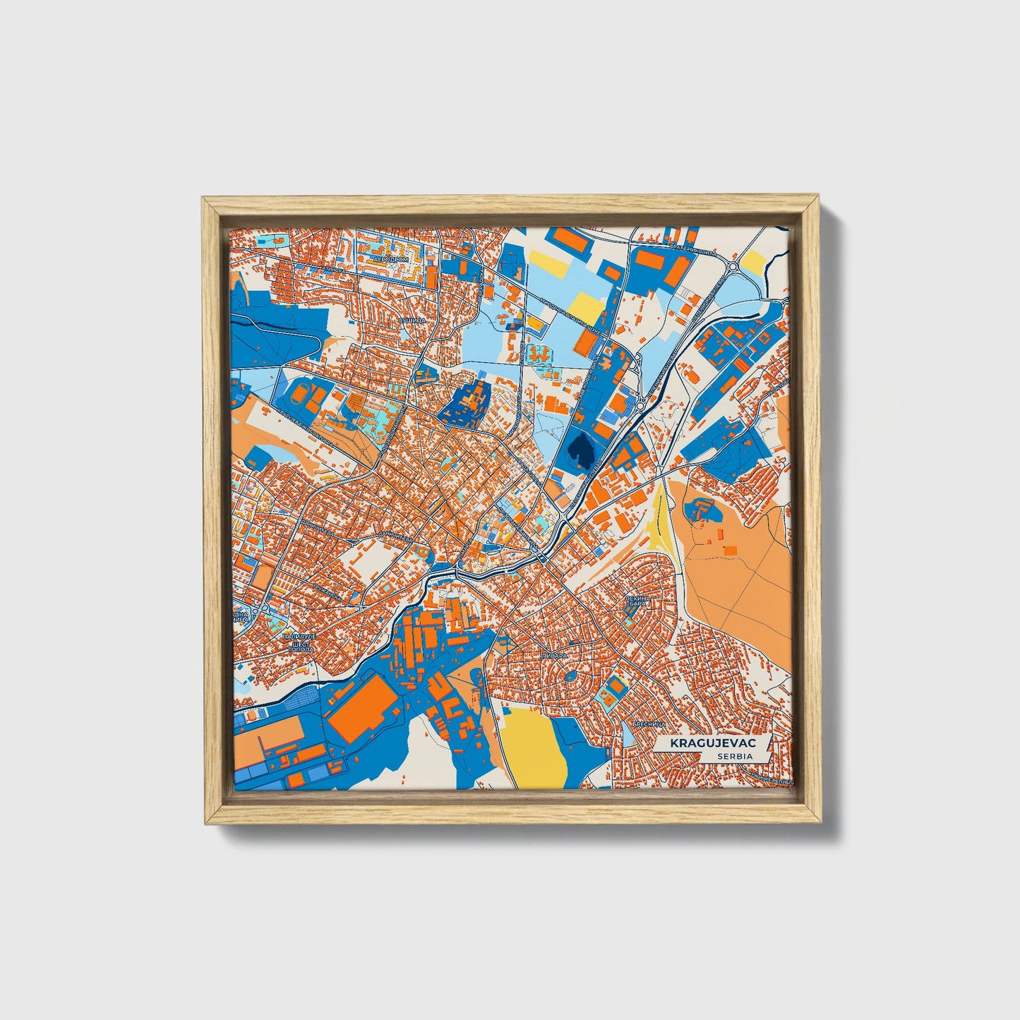 Крагујевац Serbia Colorful City Map Canvas Print • Natural Wooden Framed