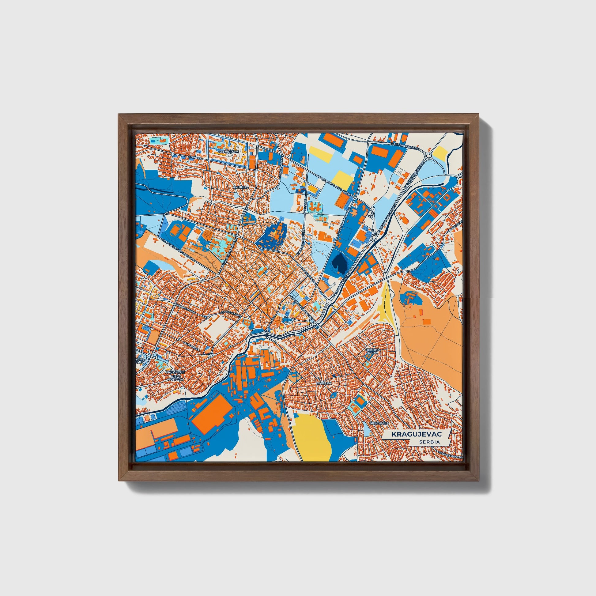 Крагујевац Serbia Colorful City Map Canvas Print • Dark Wooden Framed