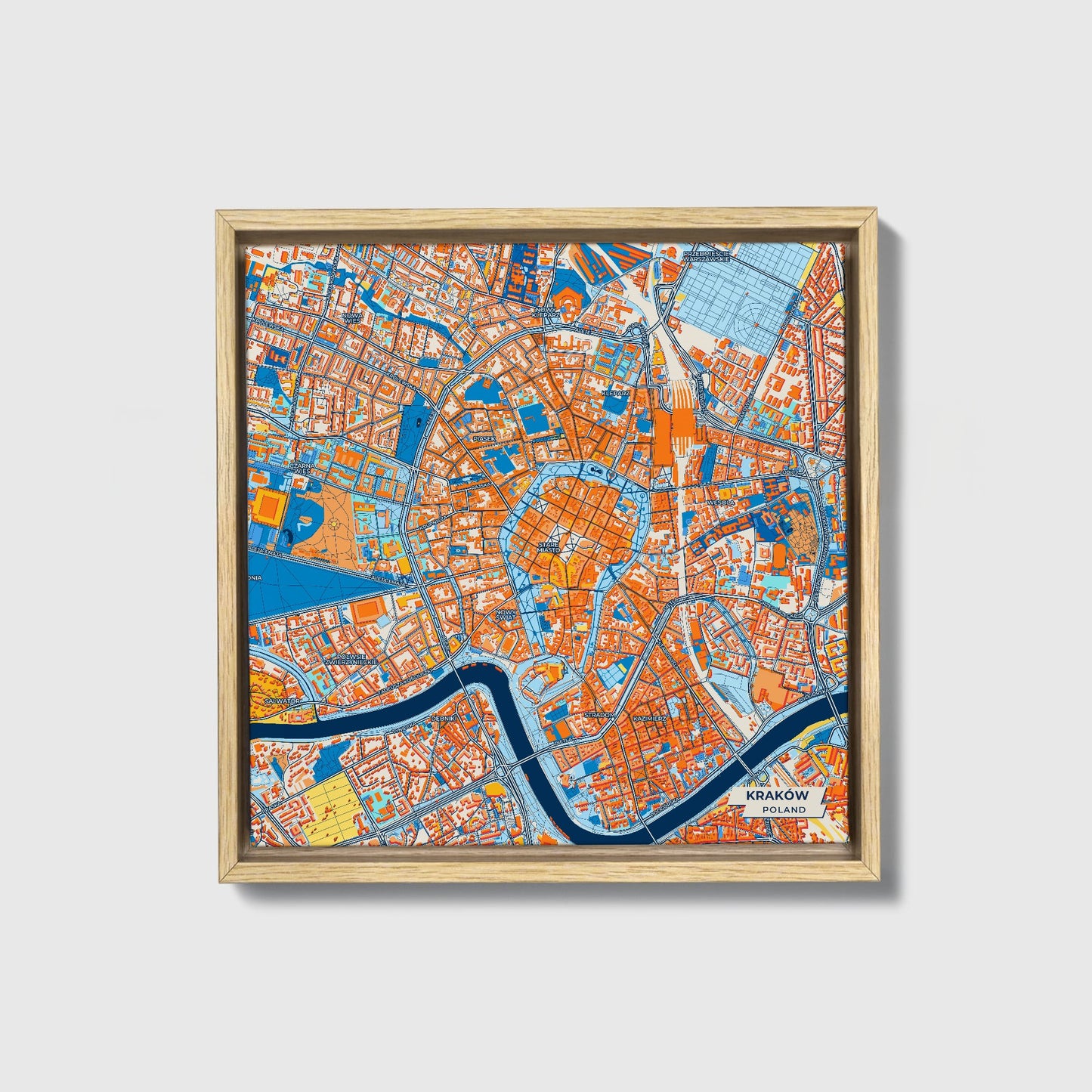 Kraków Poland Colorful City Map Canvas Print • Natural Wooden Framed