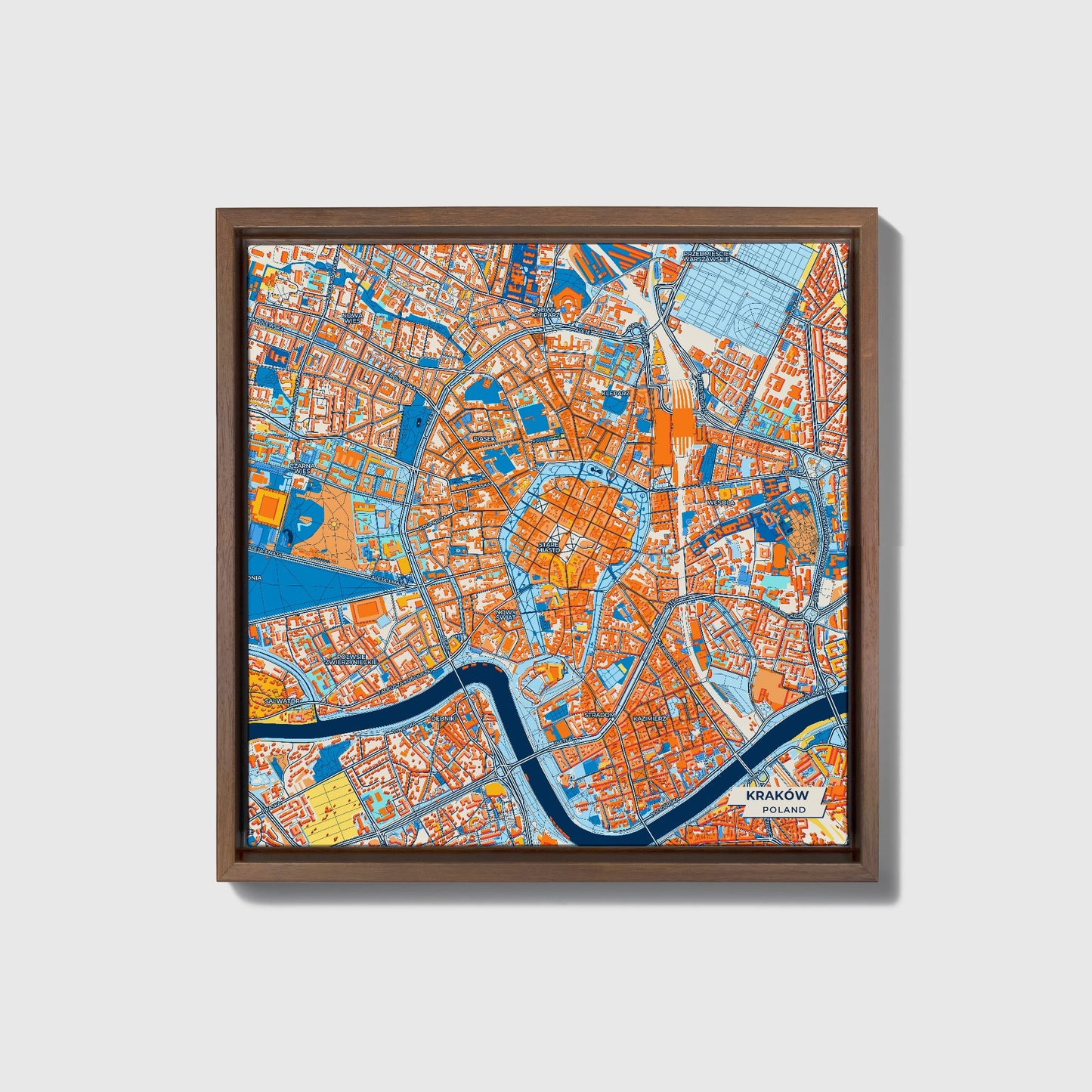 Kraków Poland Colorful City Map Canvas Print • Dark Wooden Framed