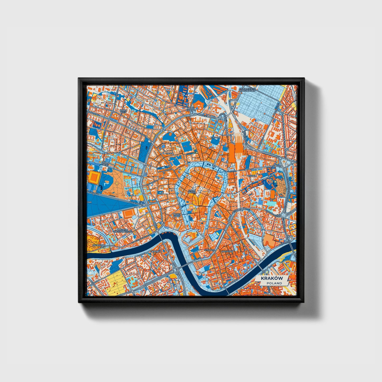 Kraków Poland Colorful City Map Canvas Print • Black Framed