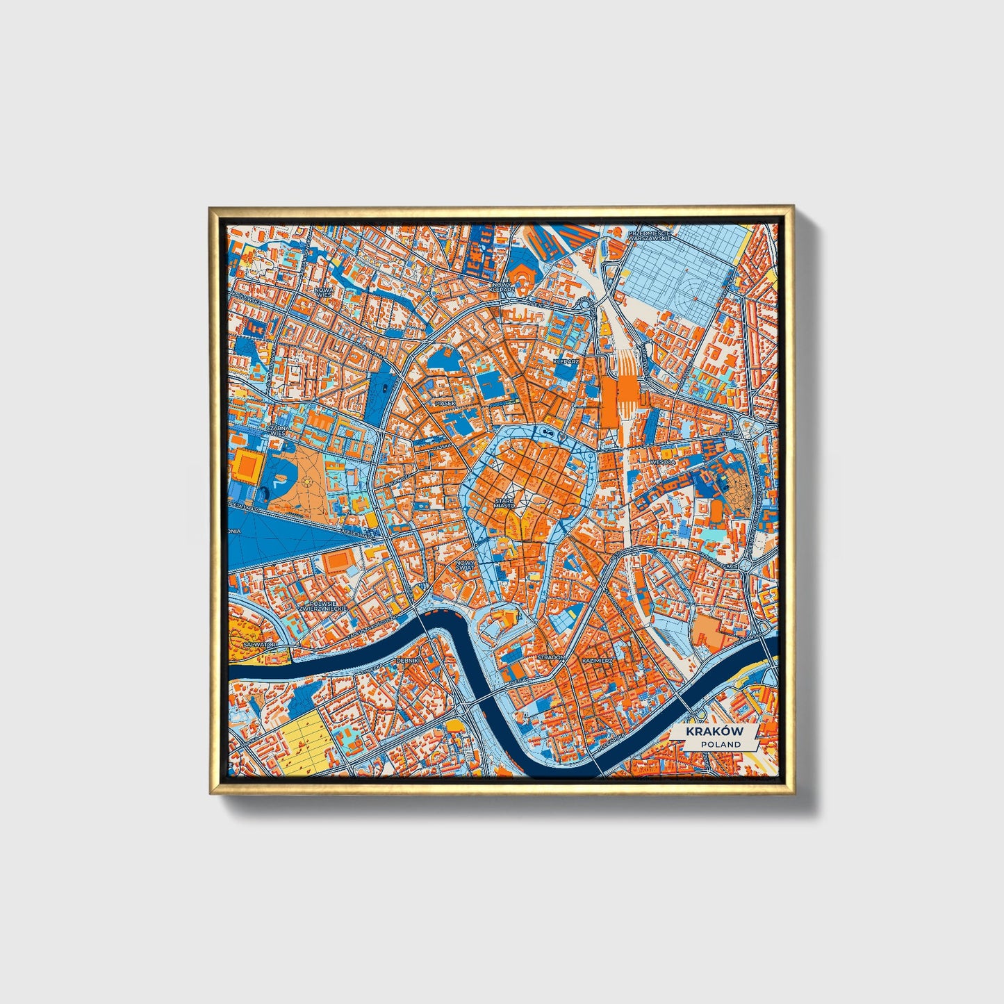 Kraków Poland Colorful City Map Canvas Print • Gold Framed