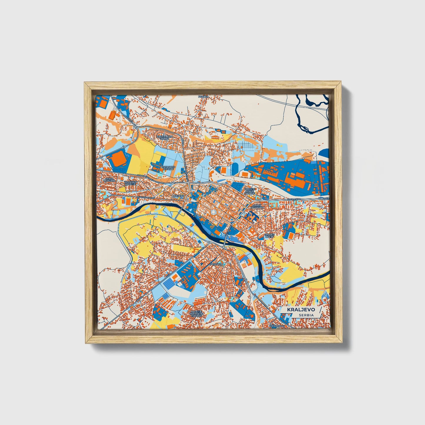 Краљево Serbia Colorful City Map Canvas Print • Natural Wooden Framed