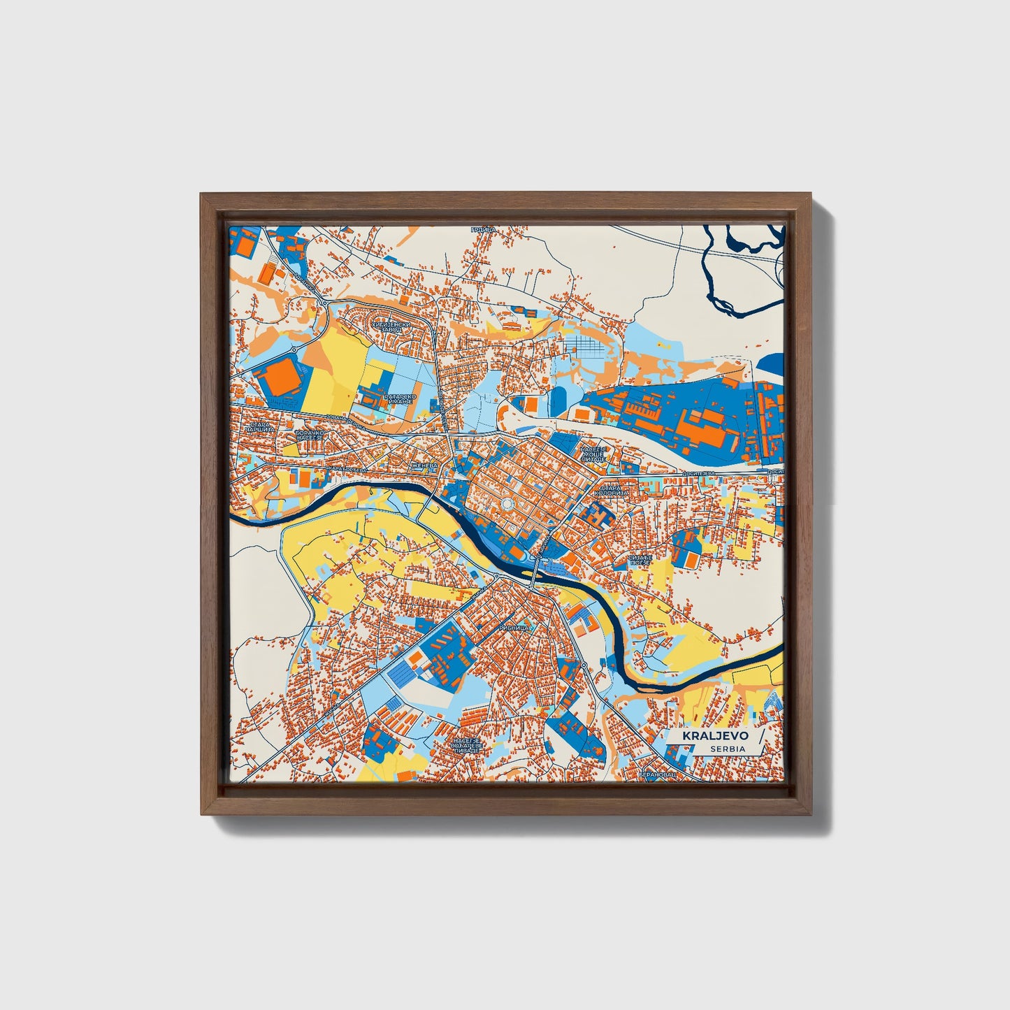Краљево Serbia Colorful City Map Canvas Print • Dark Wooden Framed