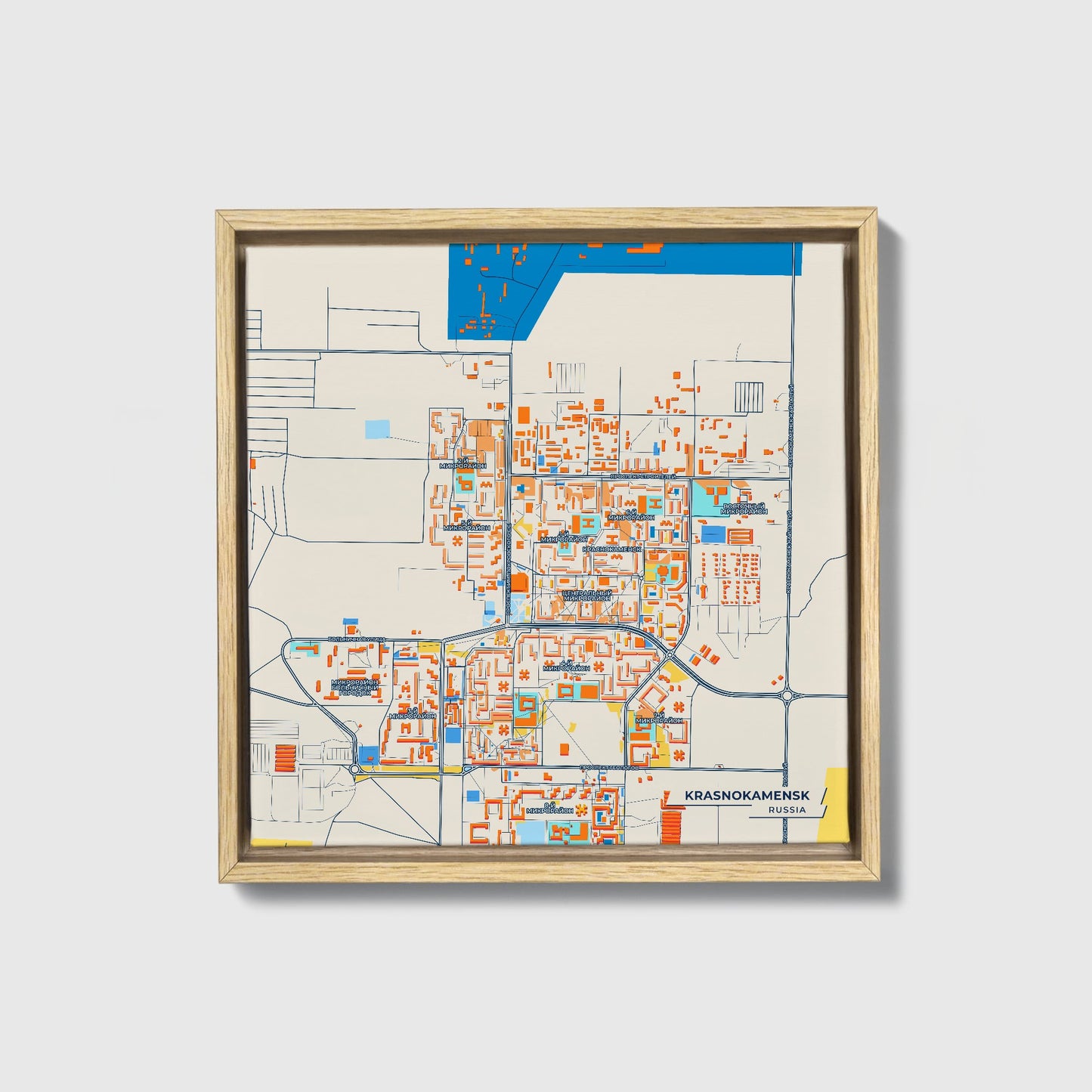 Краснокаменск Russia Colorful City Map Canvas Print • Natural Wooden Framed