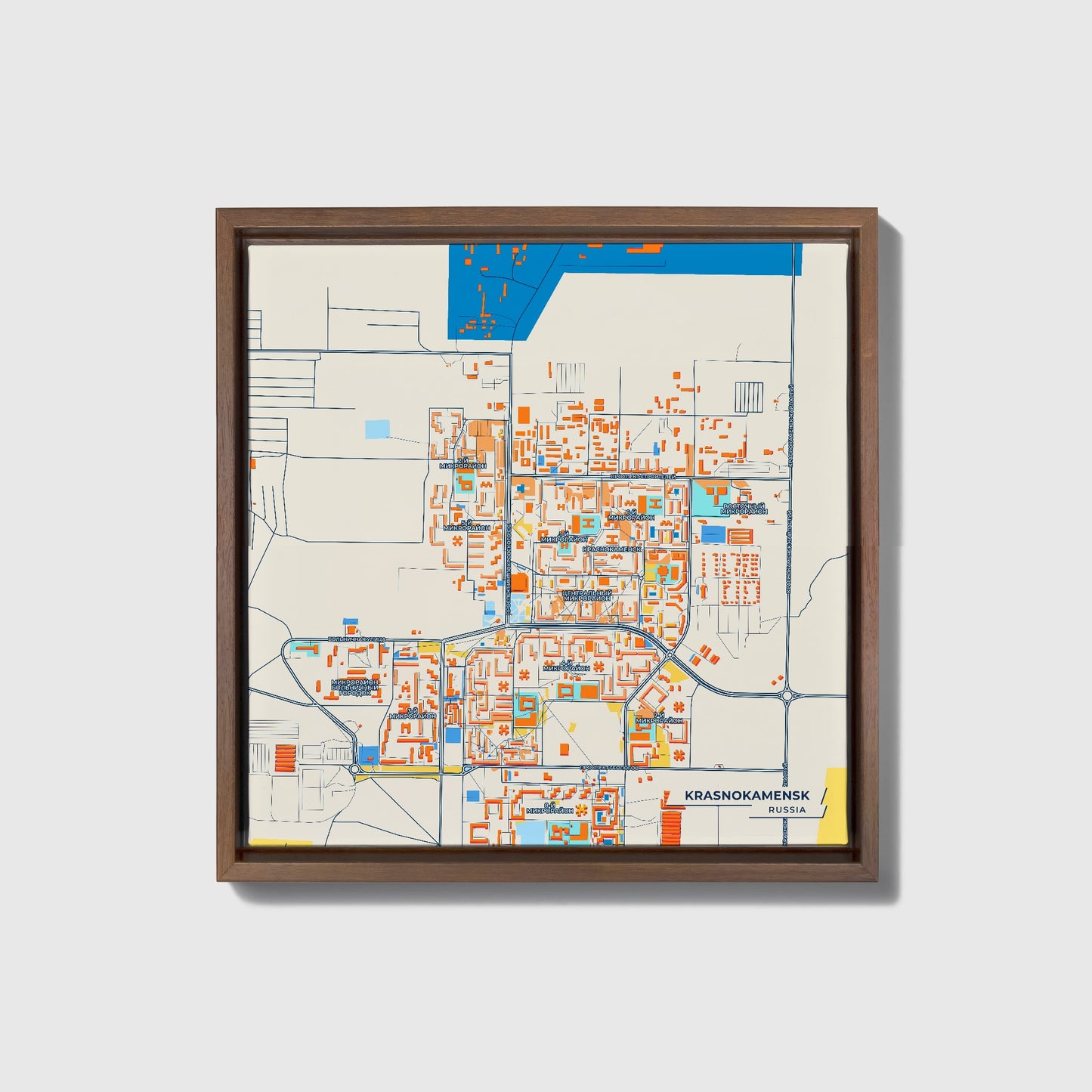 Краснокаменск Russia Colorful City Map Canvas Print • Dark Wooden Framed