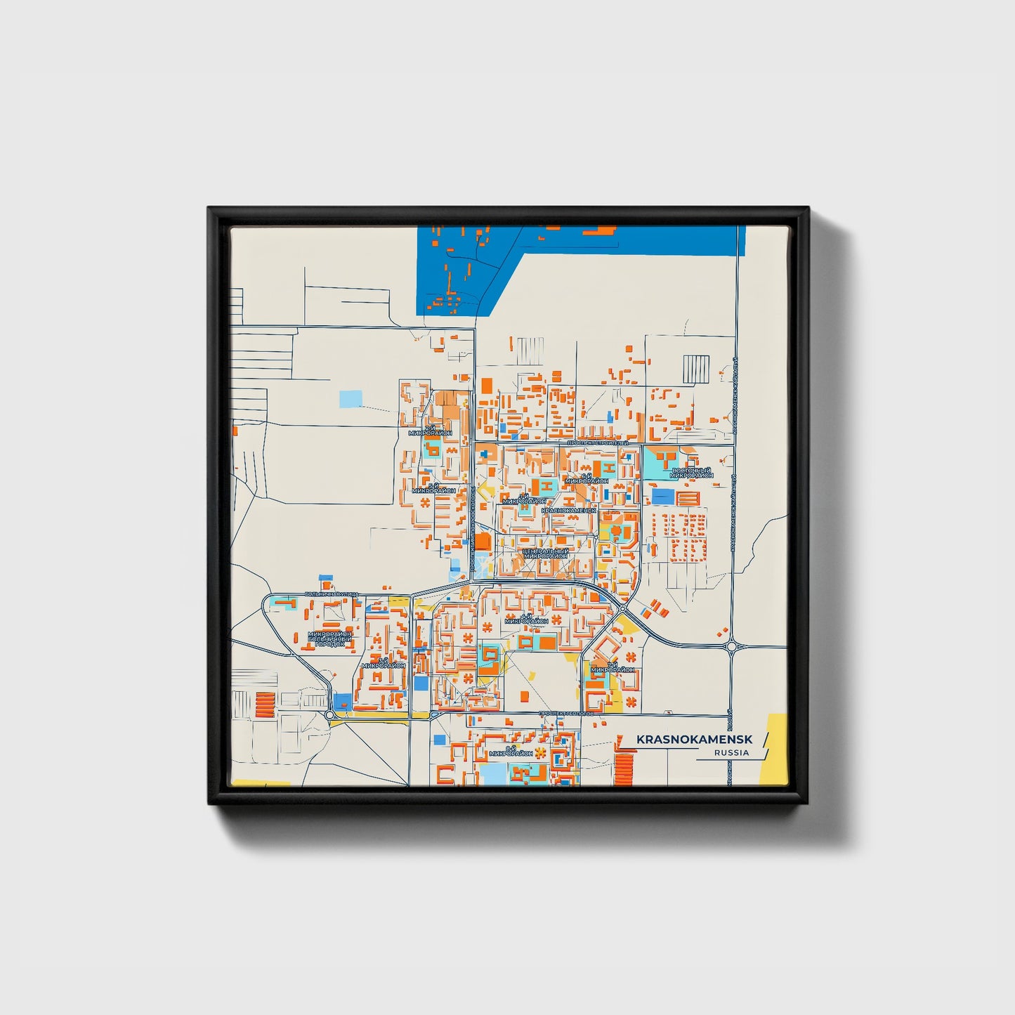 Краснокаменск Russia Colorful City Map Canvas Print • Black Framed
