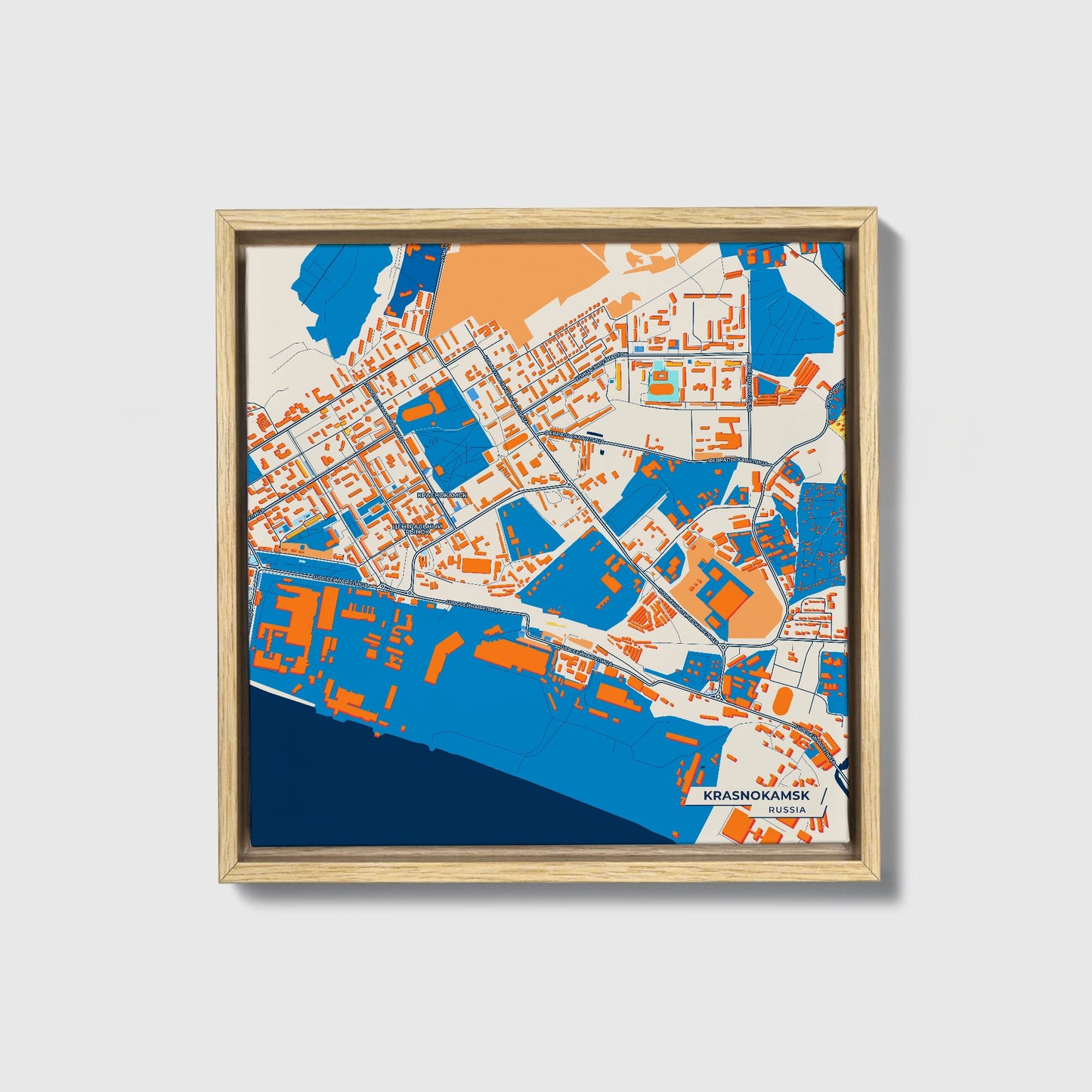 Краснокамск Russia Colorful City Map Canvas Print • Natural Wooden Framed