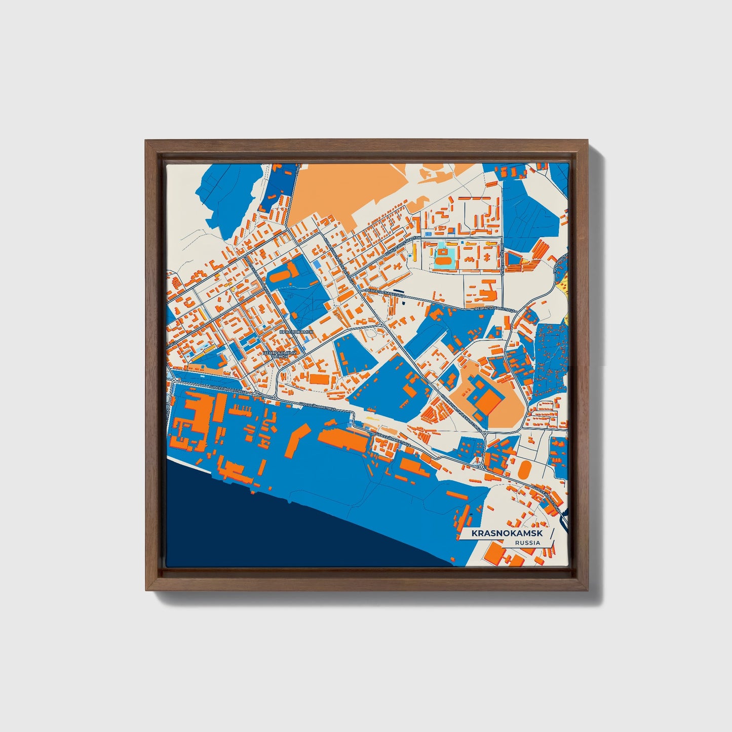 Краснокамск Russia Colorful City Map Canvas Print • Dark Wooden Framed
