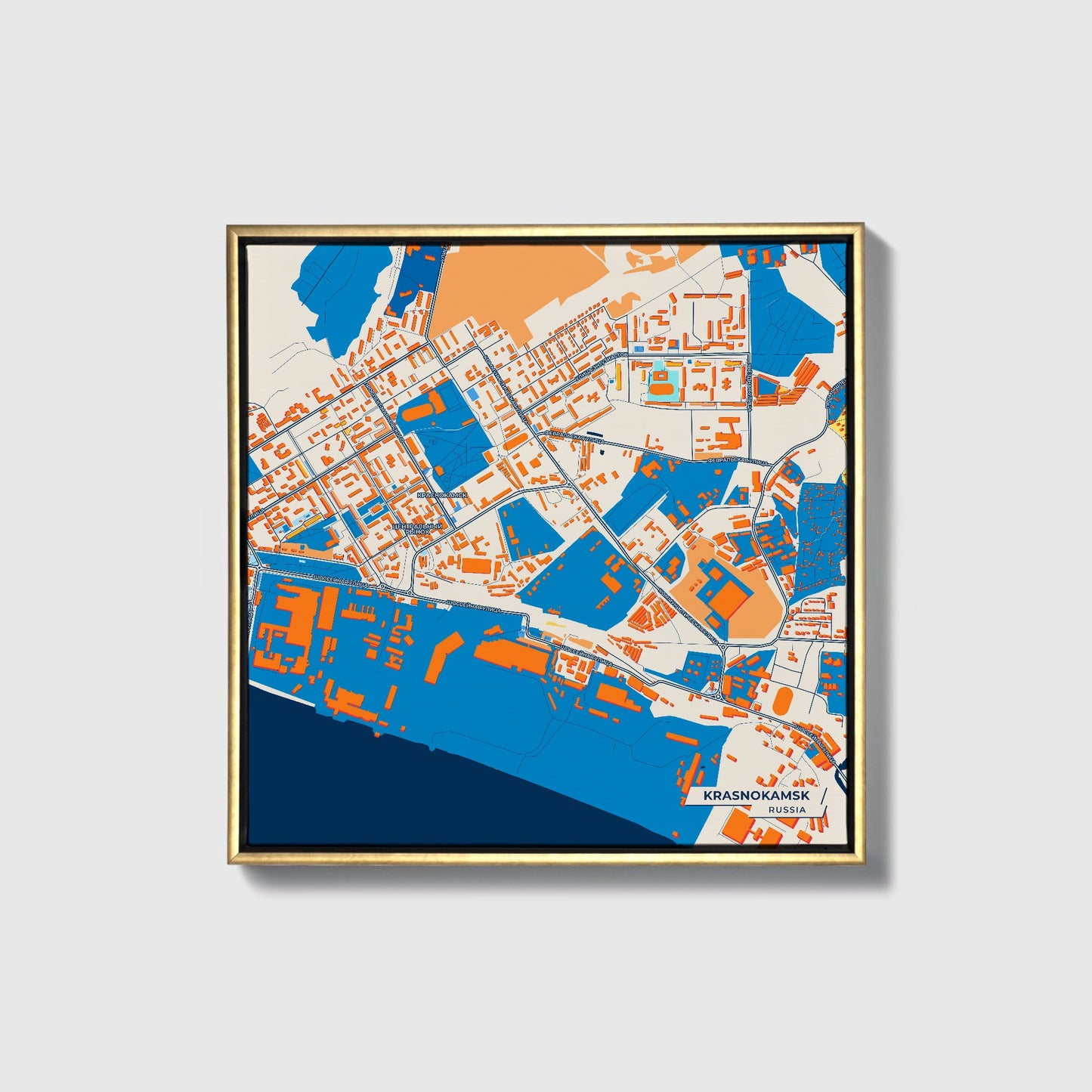 Краснокамск Russia Colorful City Map Canvas Print • Gold Framed