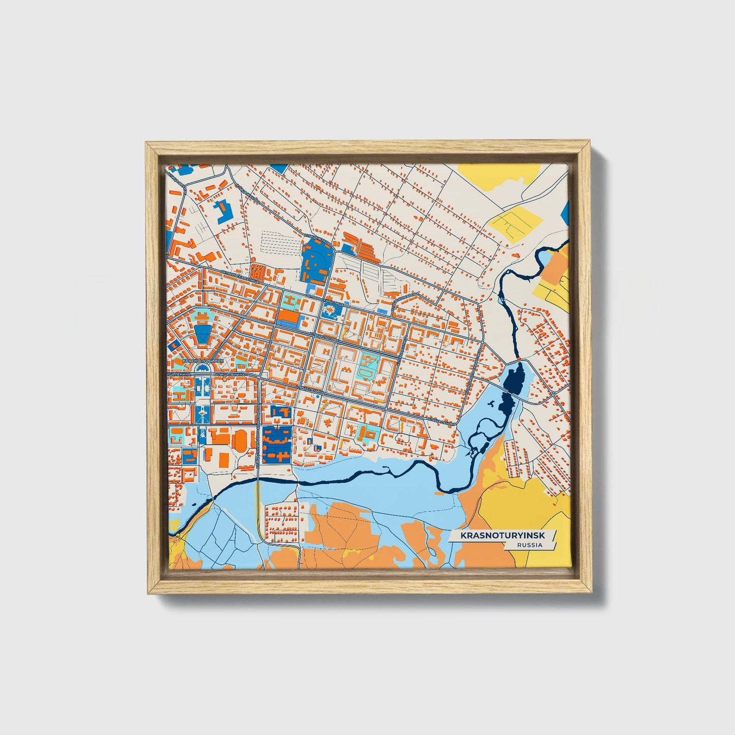 Краснотурьинск Russia Colorful City Map Canvas Print • Natural Wooden Framed