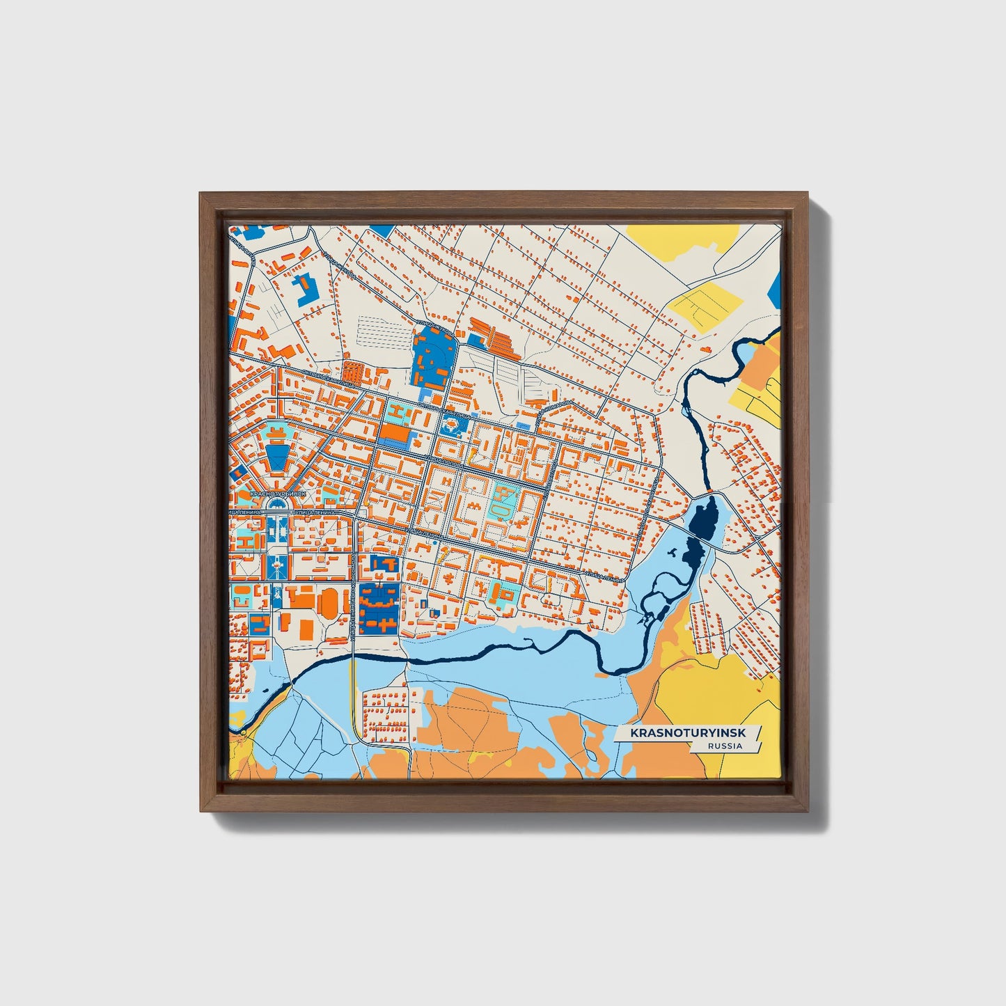 Краснотурьинск Russia Colorful City Map Canvas Print • Dark Wooden Framed