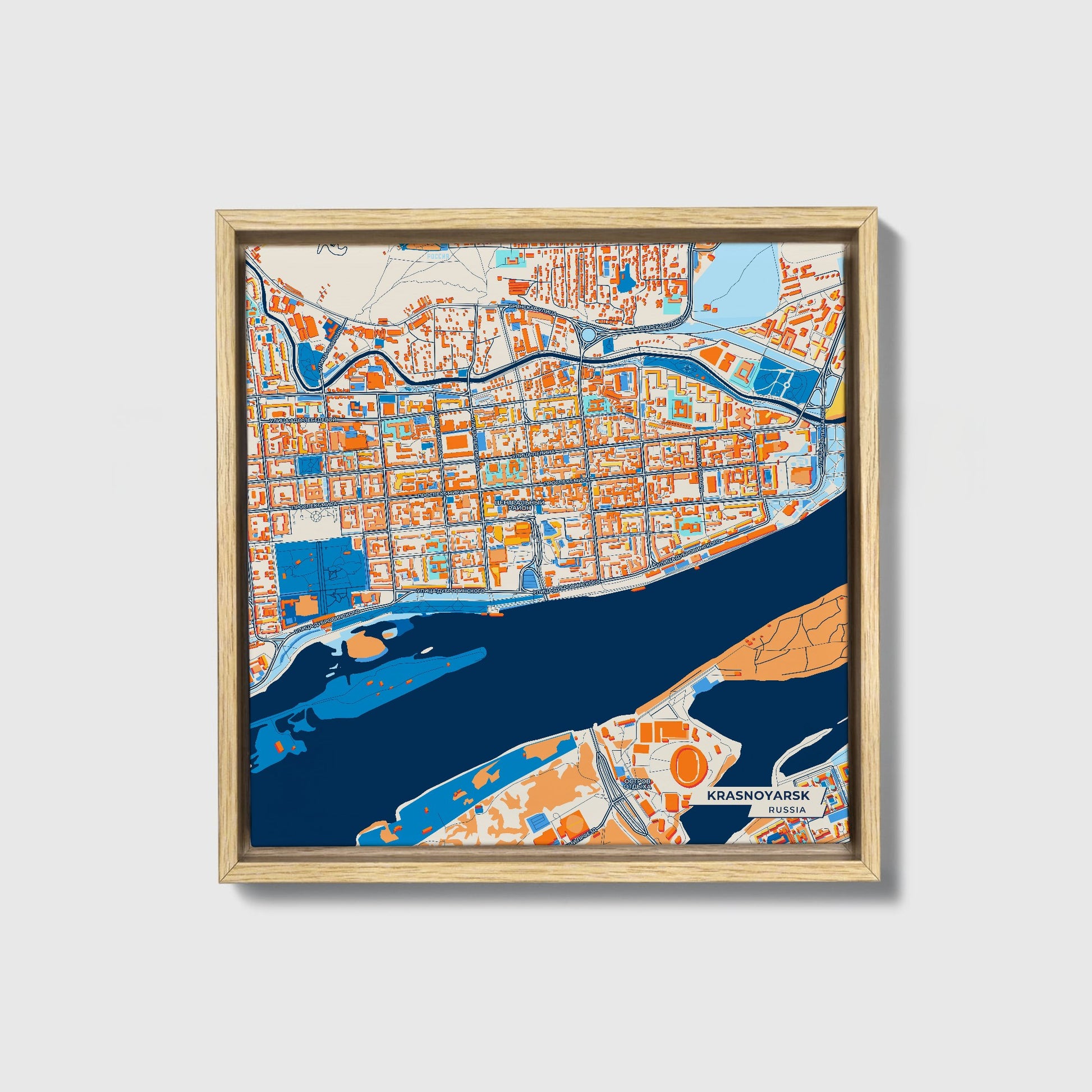 Красноярск Russia Colorful City Map Canvas Print • Natural Wooden Framed