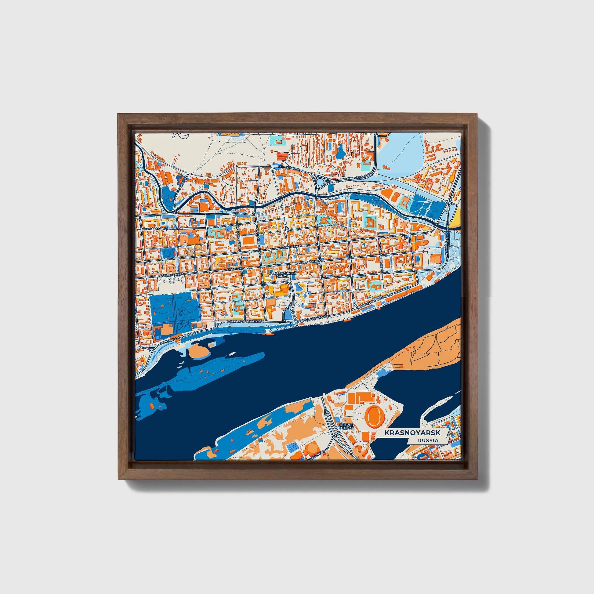 Красноярск Russia Colorful City Map Canvas Print • Dark Wooden Framed