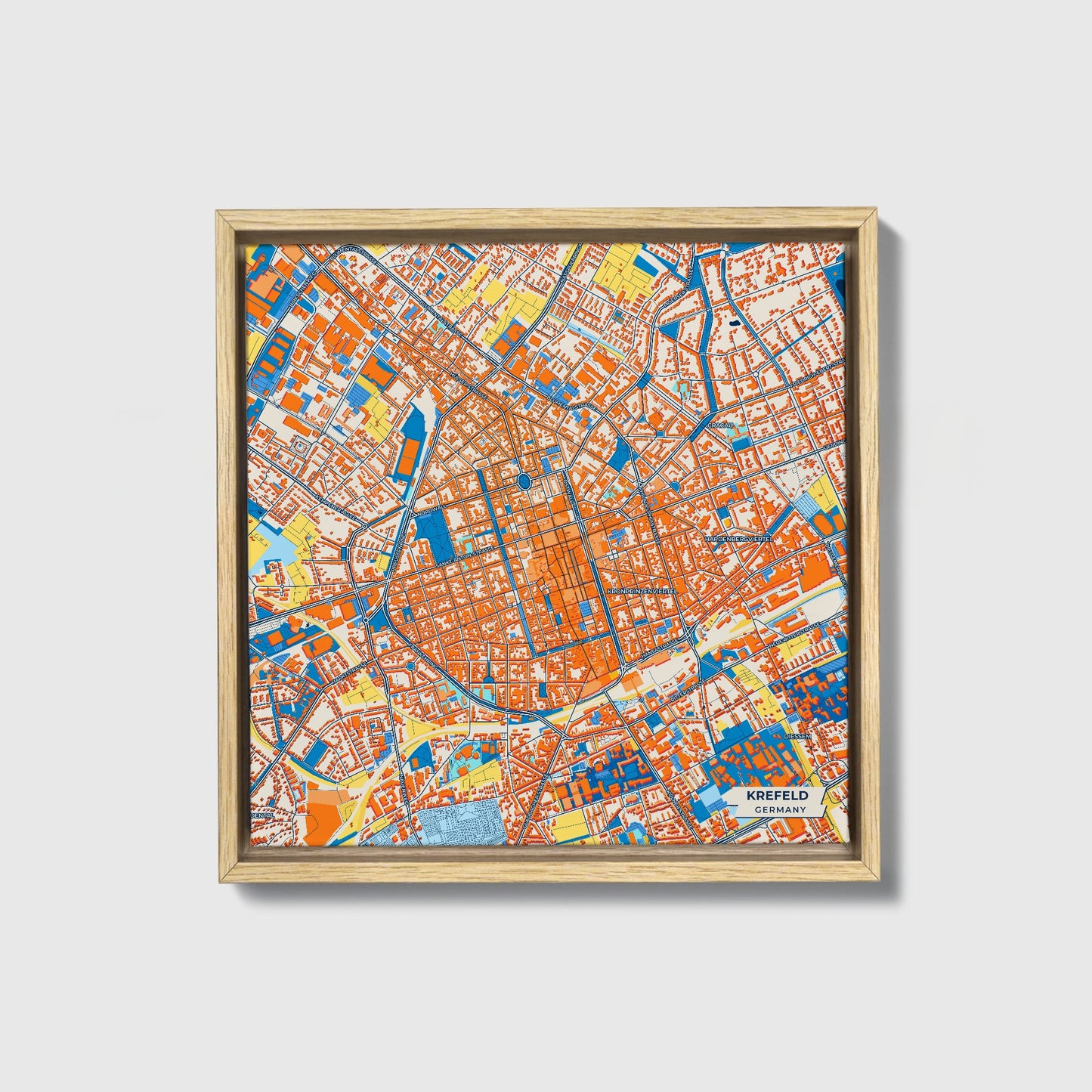 Krefeld Germany Colorful City Map Canvas Print • Natural Wooden Framed