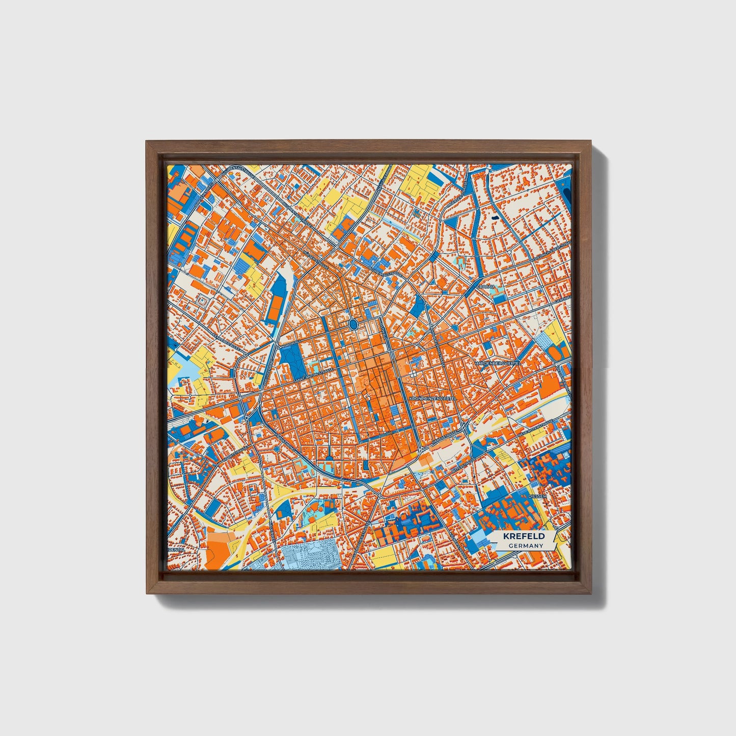 Krefeld Germany Colorful City Map Canvas Print • Dark Wooden Framed