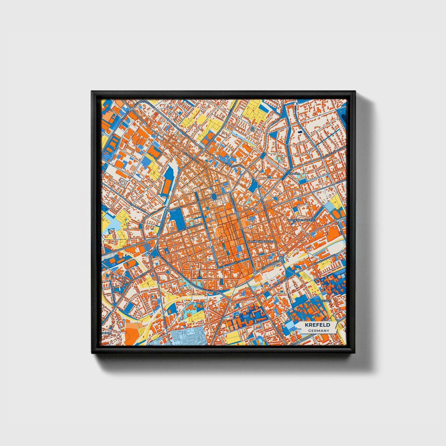 Krefeld Germany Colorful City Map Canvas Print • Black Framed