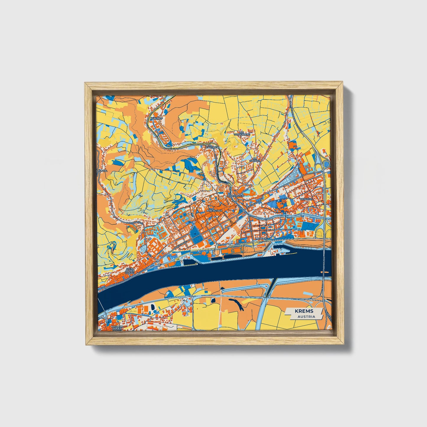 Krems Austria Colorful City Map Canvas Print • Natural Wooden Framed