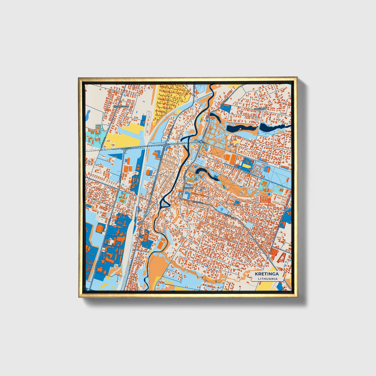 Kretinga Lithuania Colorful City Map Canvas Print • Gold Framed