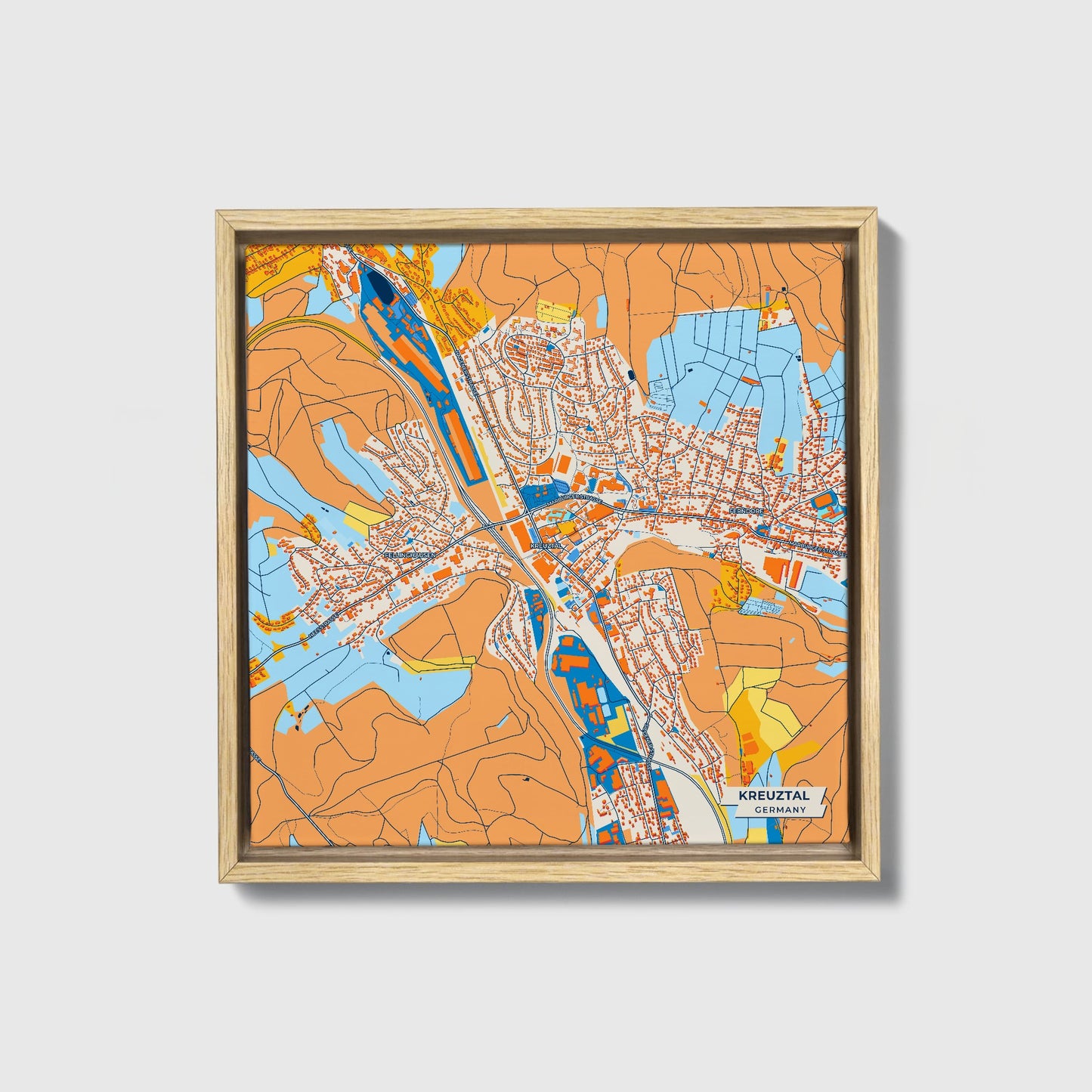 Kreuztal Germany Colorful City Map Canvas Print • Natural Wooden Framed