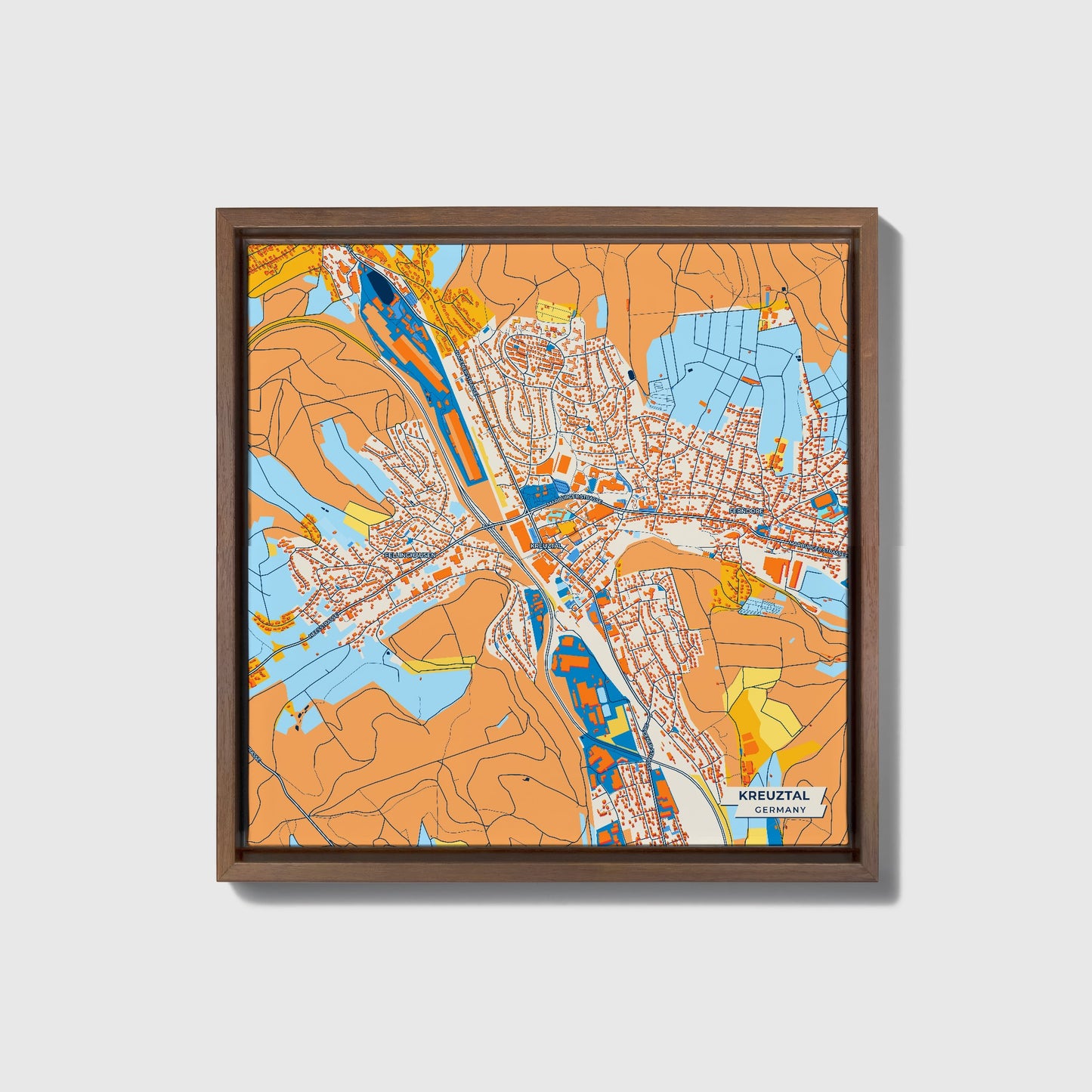 Kreuztal Germany Colorful City Map Canvas Print • Dark Wooden Framed
