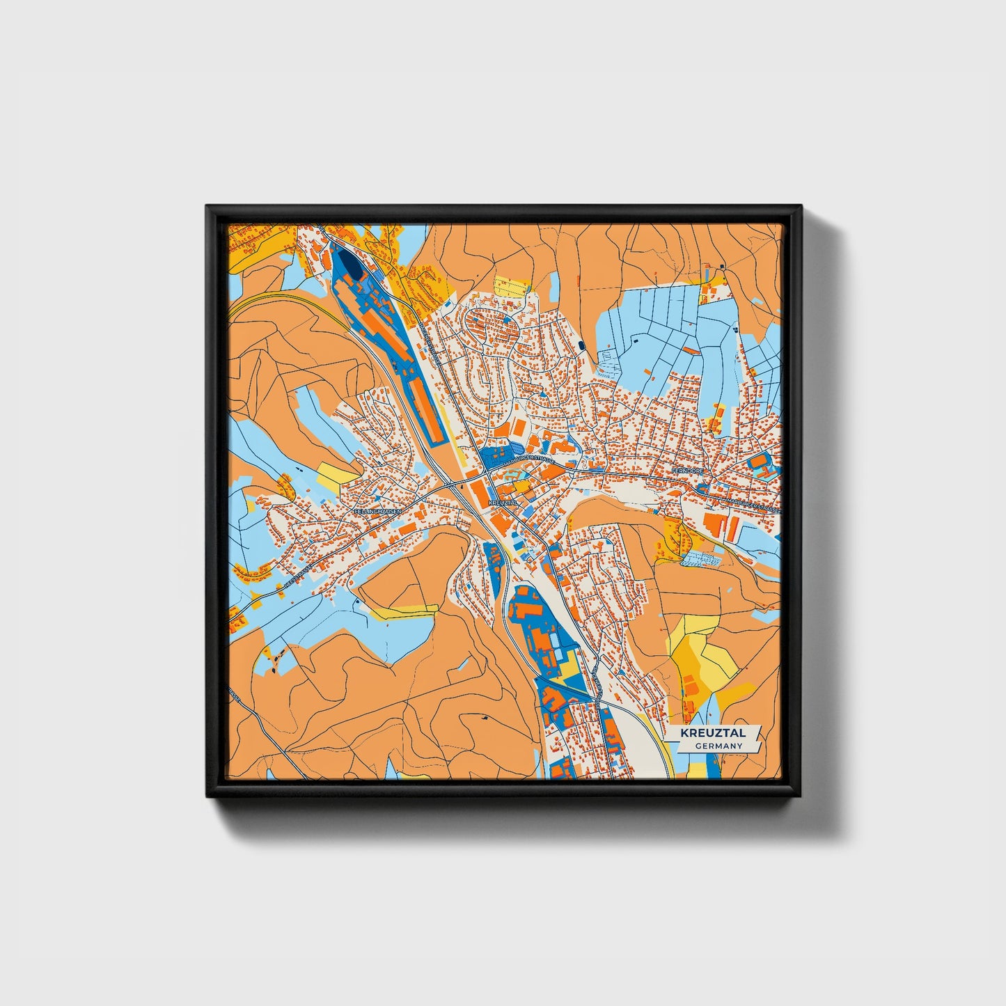 Kreuztal Germany Colorful City Map Canvas Print • Black Framed