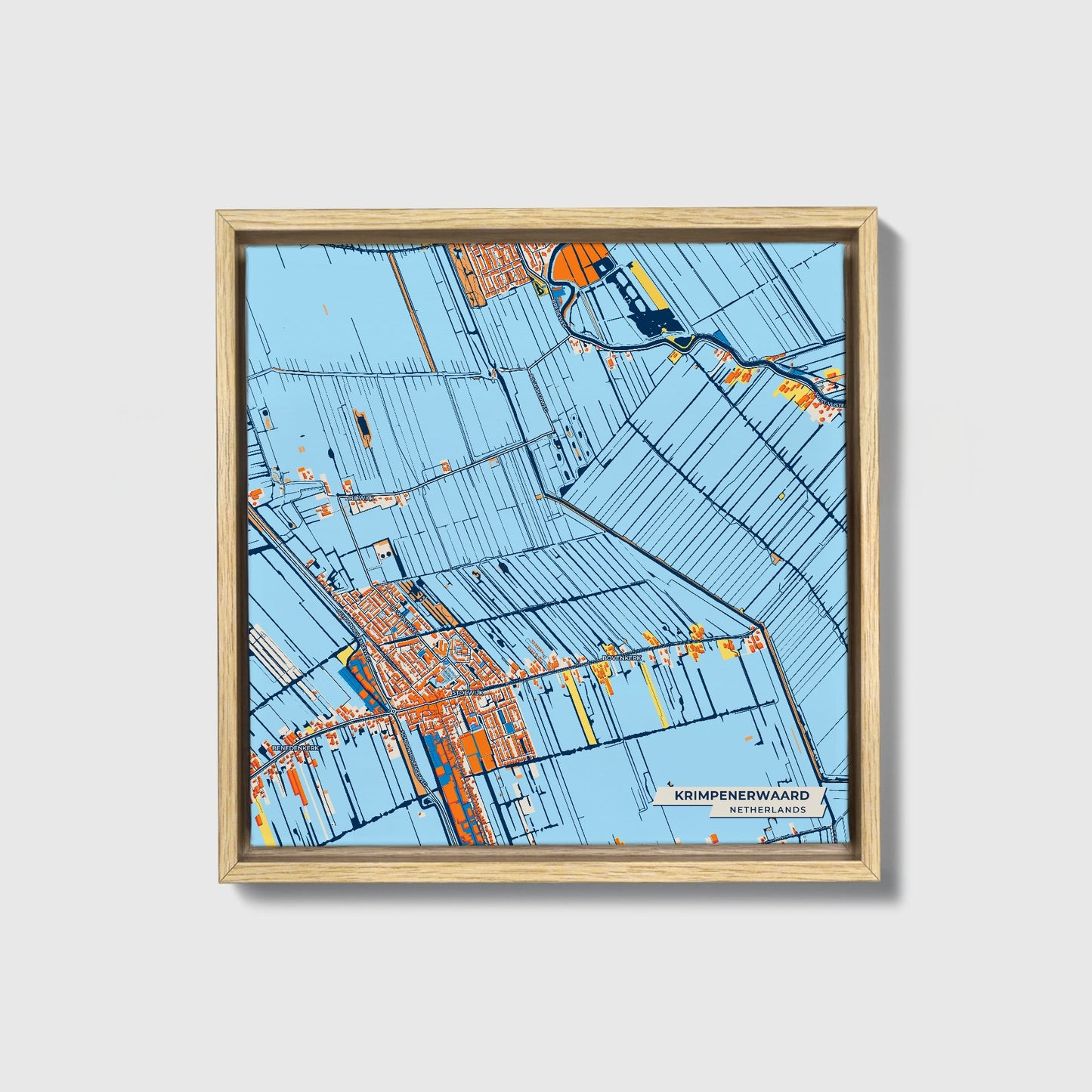 Krimpenerwaard Netherlands Colorful City Map Canvas Print • Natural Wooden Framed