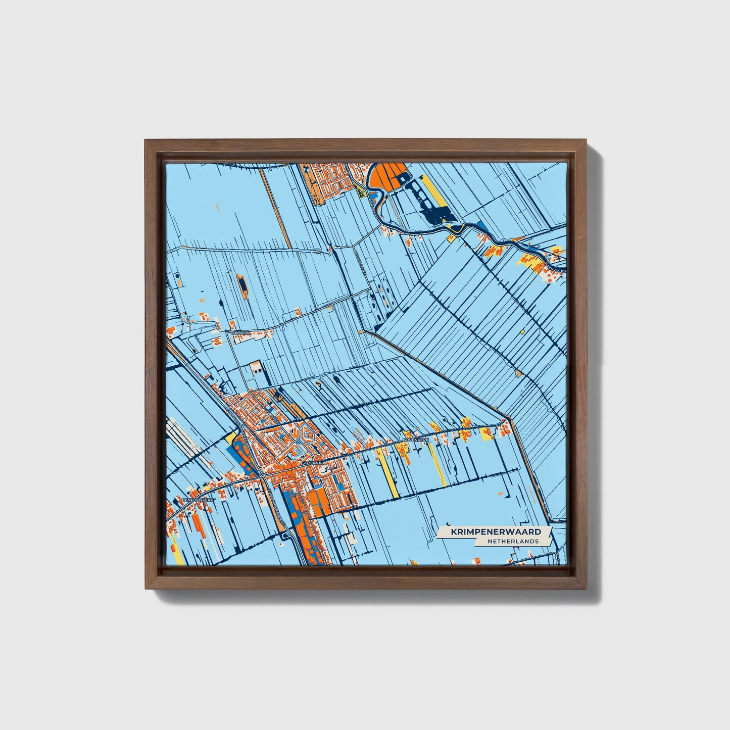 Krimpenerwaard Netherlands Colorful City Map Canvas Print • Dark Wooden Framed
