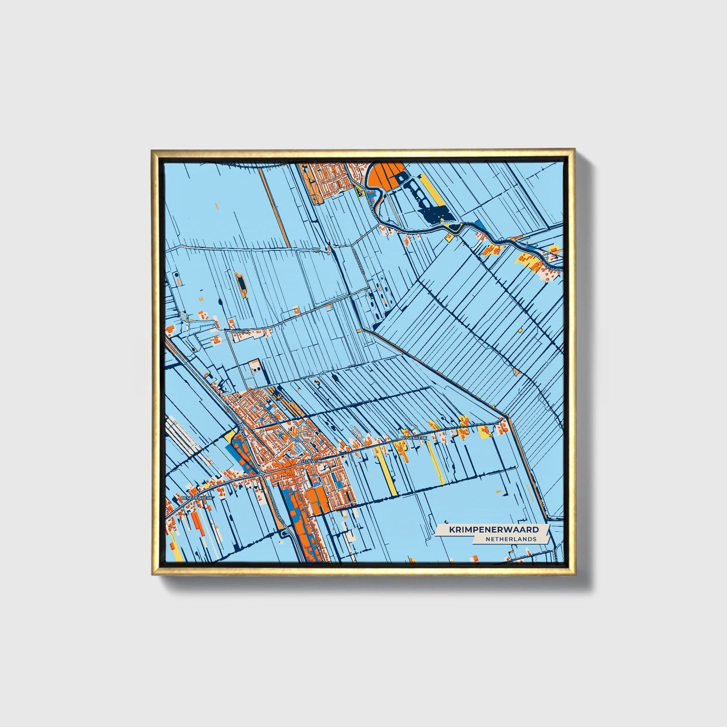 Krimpenerwaard Netherlands Colorful City Map Canvas Print • Gold Framed