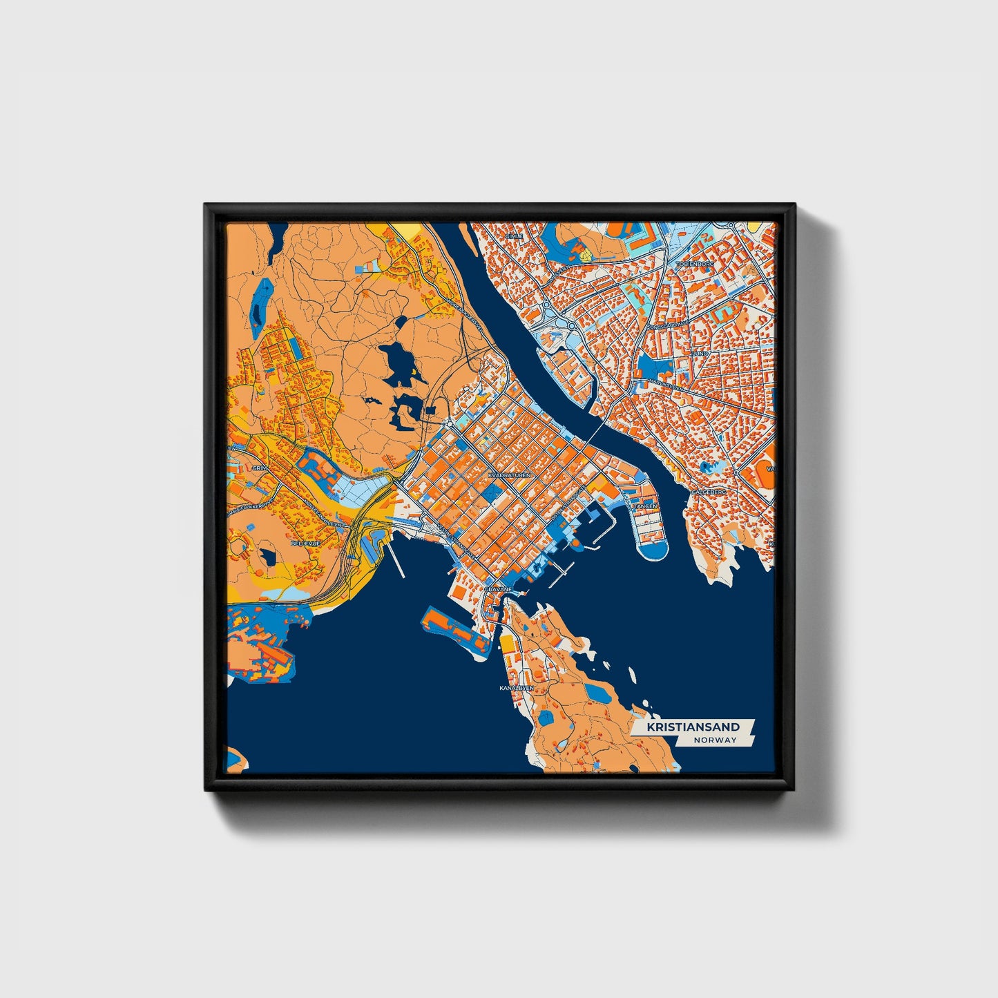 Kristiansand Norway Colorful City Map Canvas Print • Black Framed