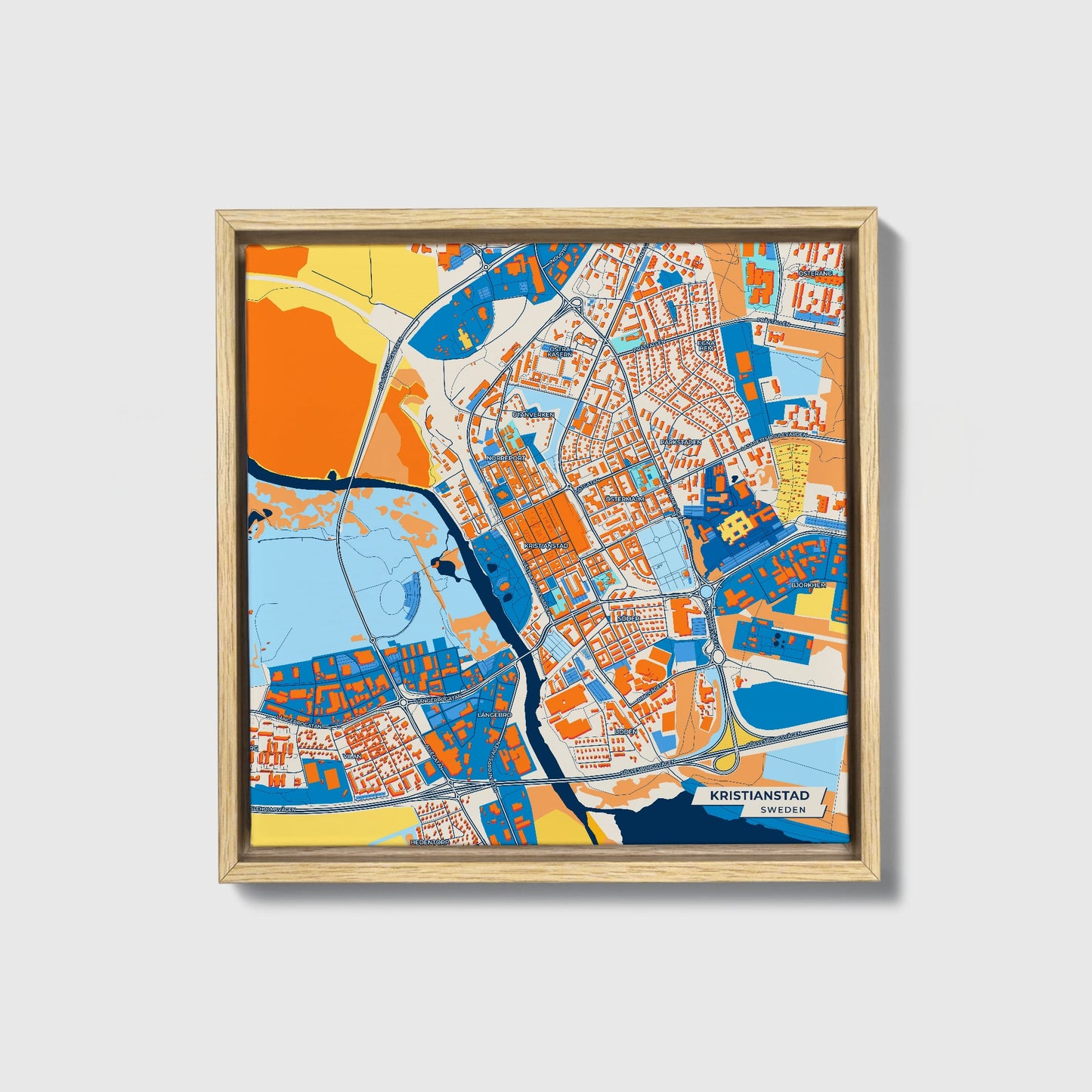 Kristianstad Sweden Colorful City Map Canvas Print • Natural Wooden Framed