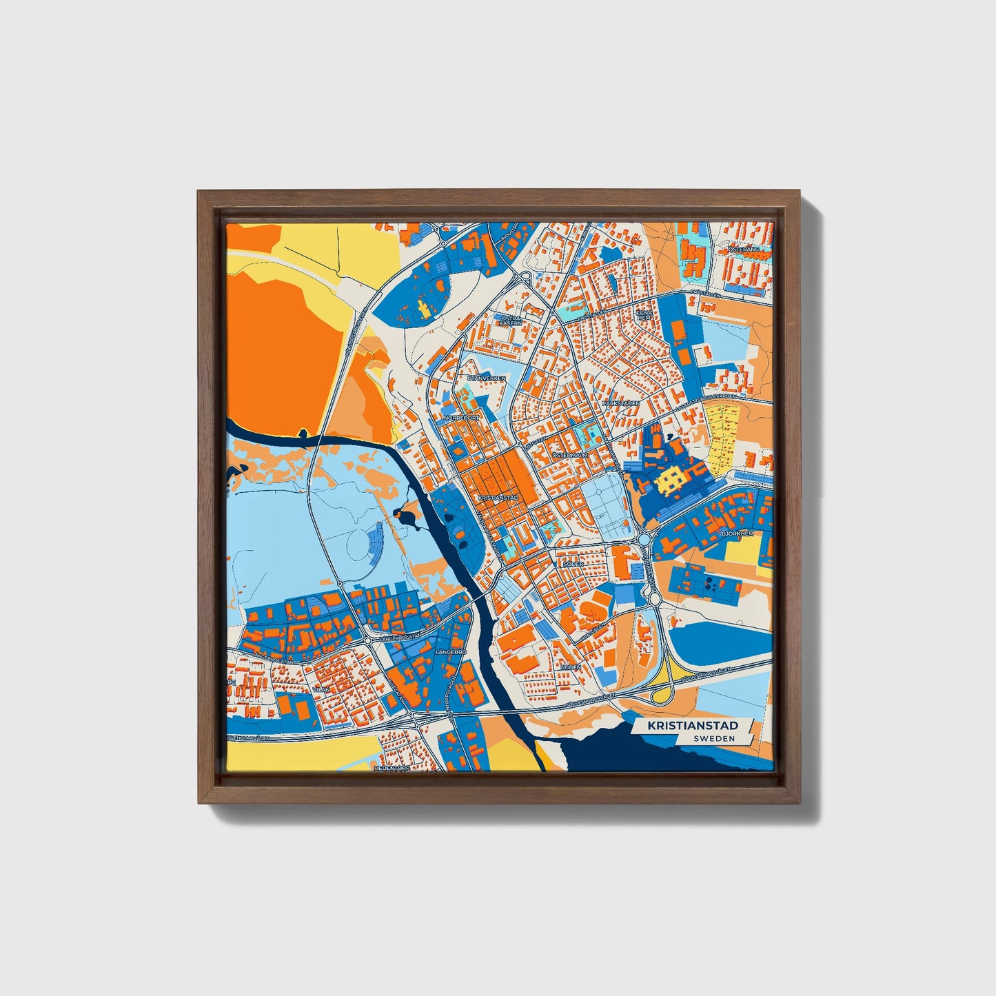 Kristianstad Sweden Colorful City Map Canvas Print • Dark Wooden Framed