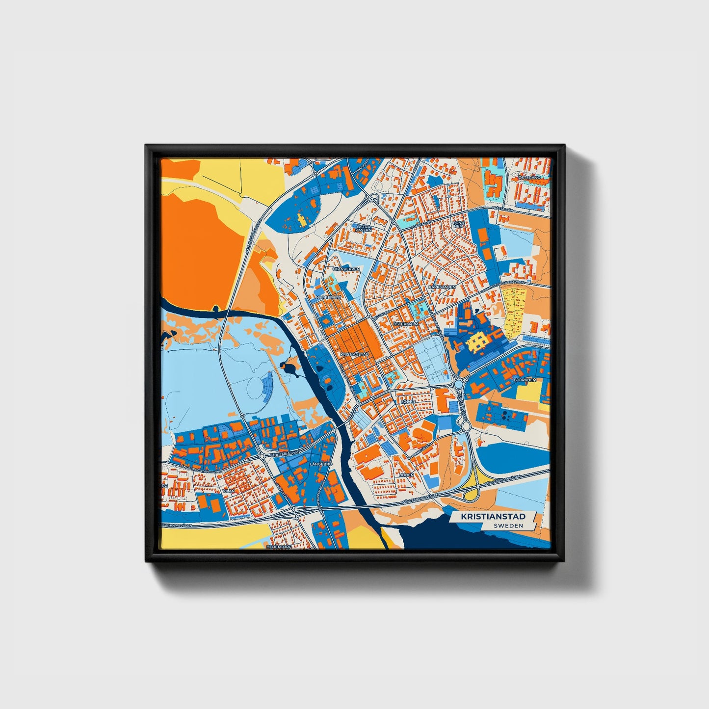 Kristianstad Sweden Colorful City Map Canvas Print • Black Framed